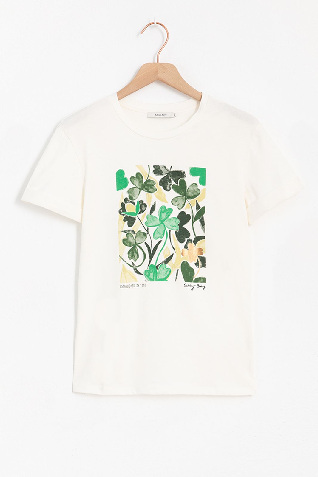 saai Etna Verlichten Wit T-shirt met klavertjes artwork - Dames | Sissy-Boy