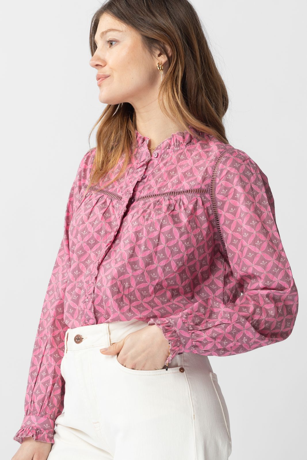 Advertentie Decoratie invoer Roze blouse met print en ruffles - Dames | Sissy-Boy