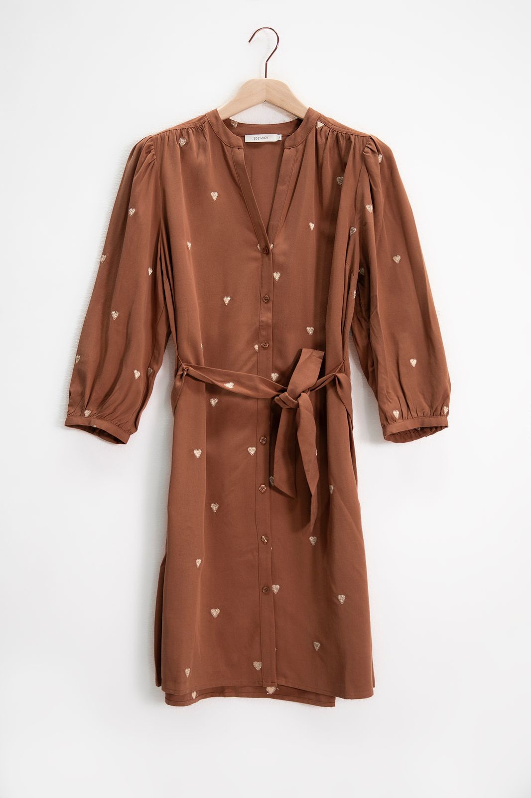 Hemdblusenkleid mit goldfarbenen Herzen - braun 