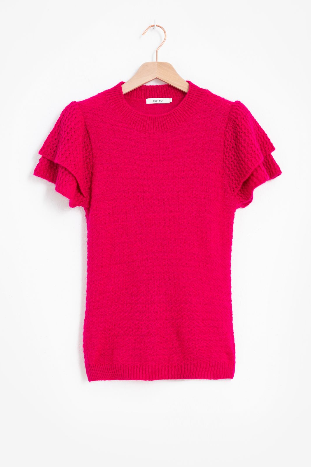 Pull tricoté avec volants - rose