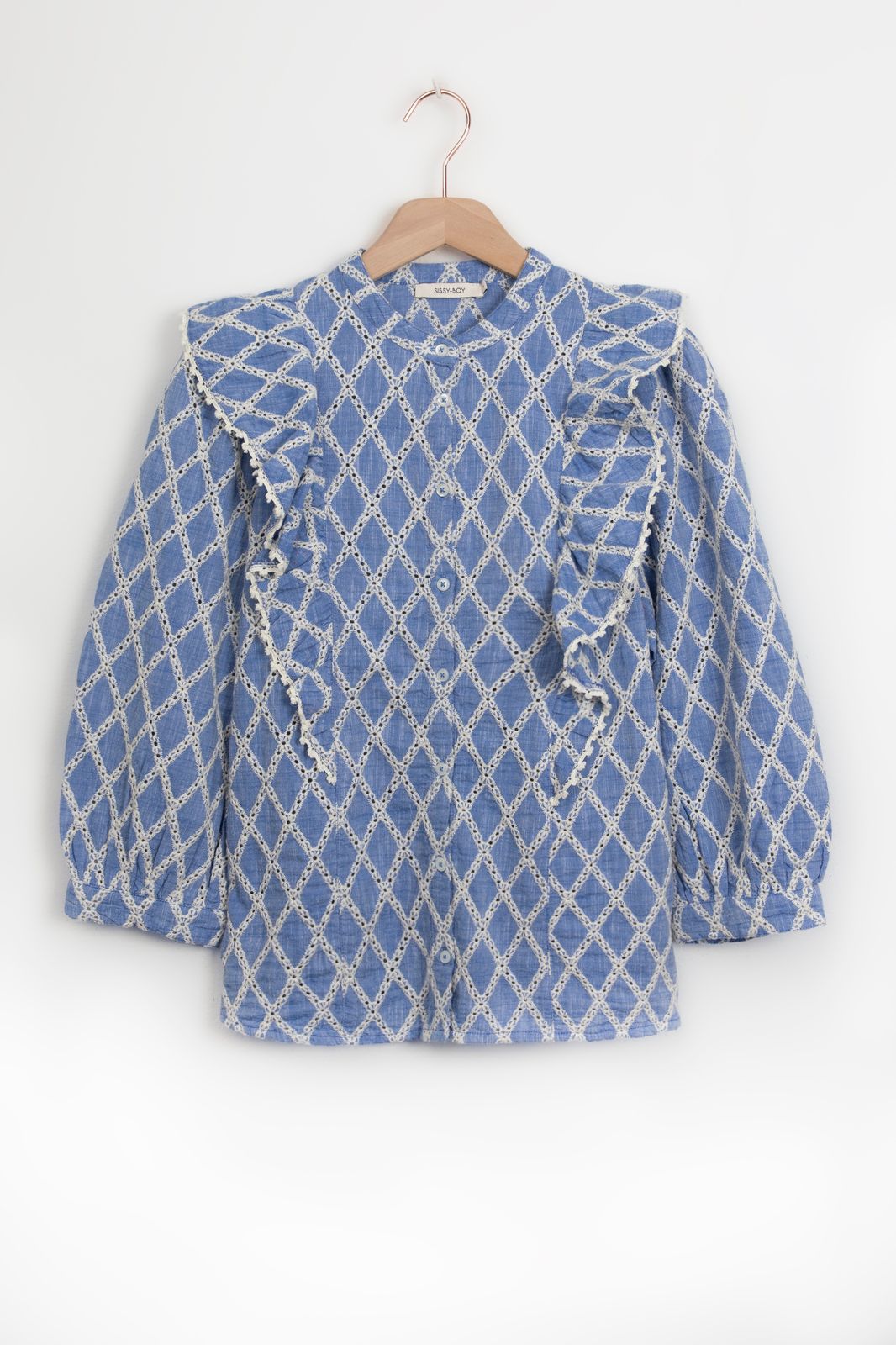 Chambray-Bluse mit Stickerei und Volants - blau