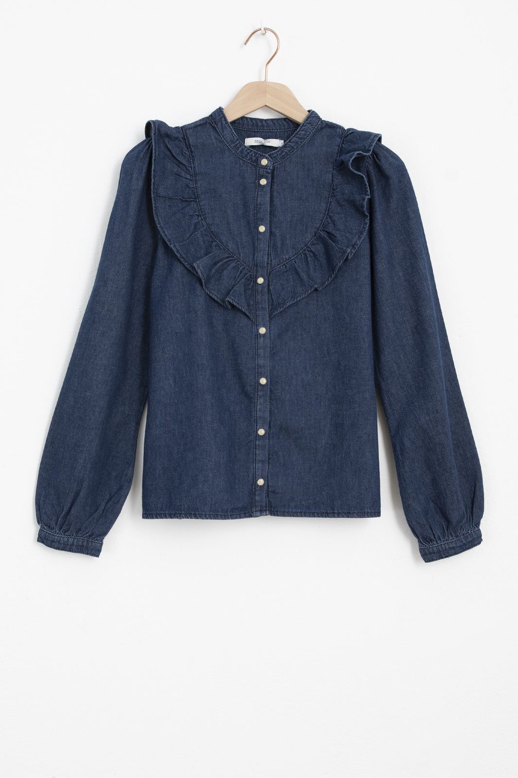 Jeansbluse mit Rüschen - dunkelblau