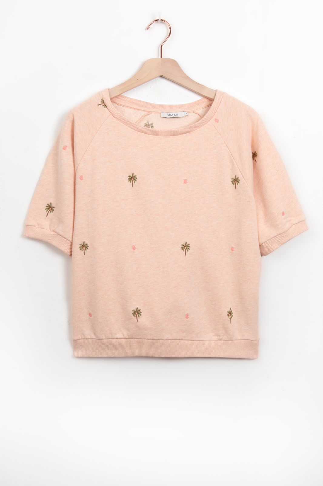 Kurzarm-Sweater mit Palmenstickerei - aprikot