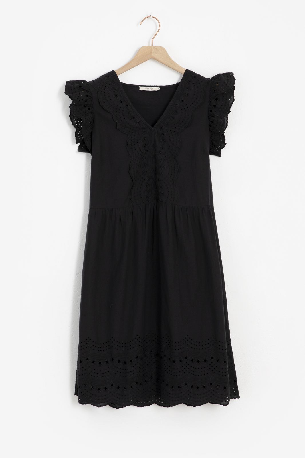 Kurzes Kleid mit Loch-Stickerei - schwarz