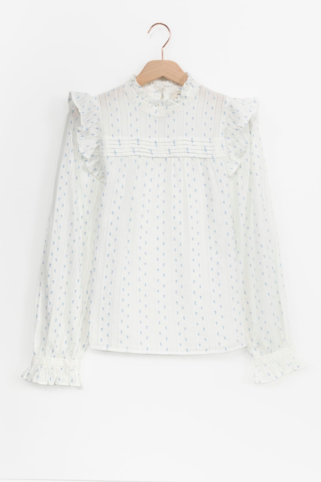 Baumwoll-Bluse mit Rüschen und Print - weiß