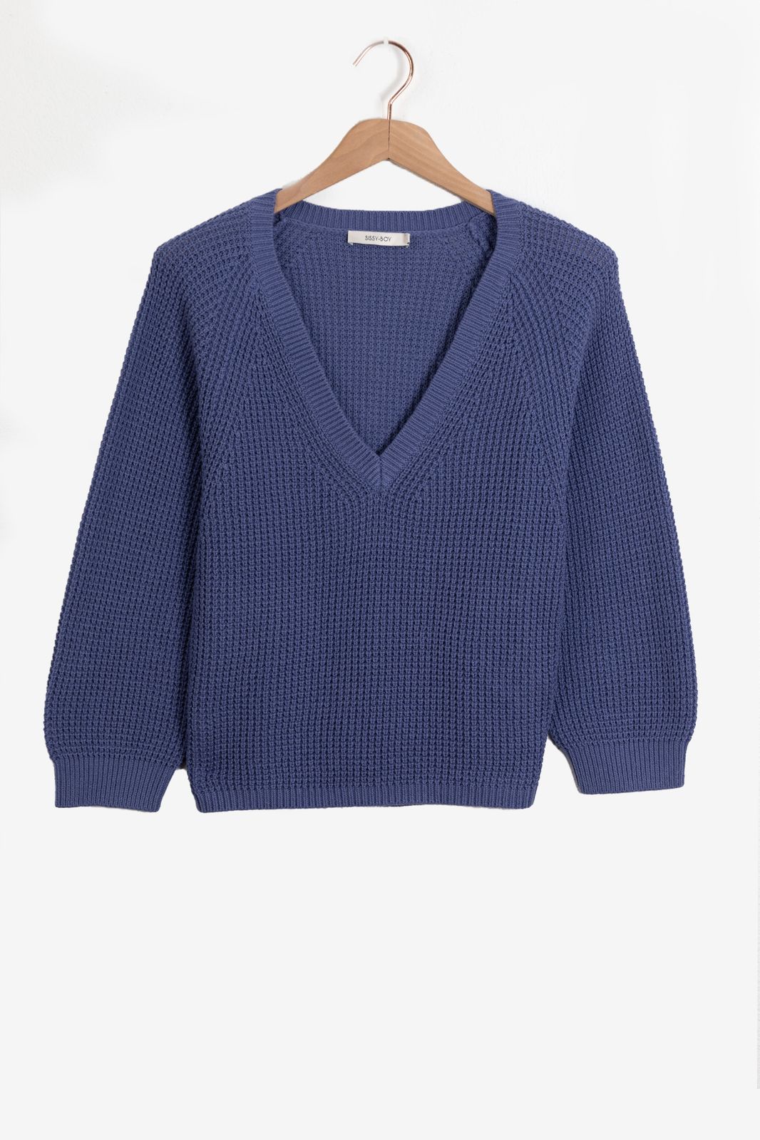 Pull tricoté côtelé avec col V - bleu