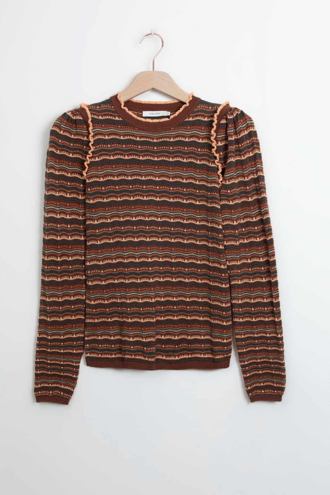 Pull tricoté avec motif ondulé et volants - marron