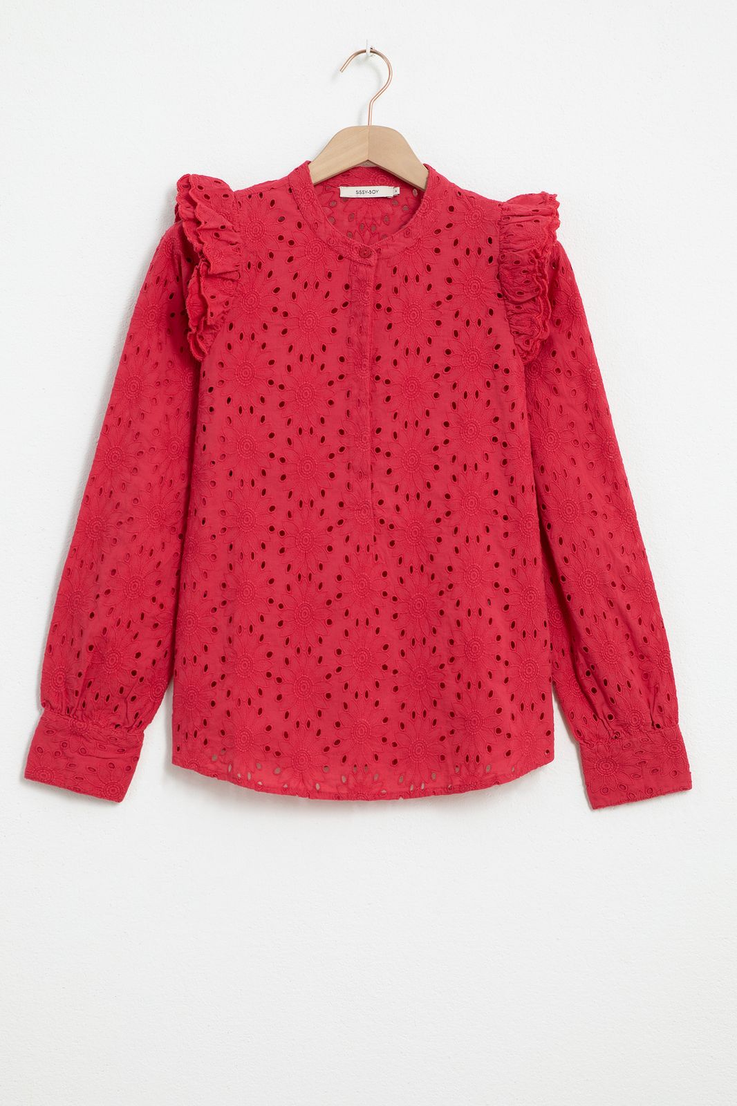 Blouse broderie anglaise avec volants - rose