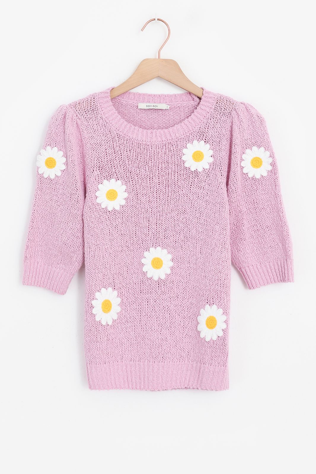 Pull tricoté avec marguerites - rose