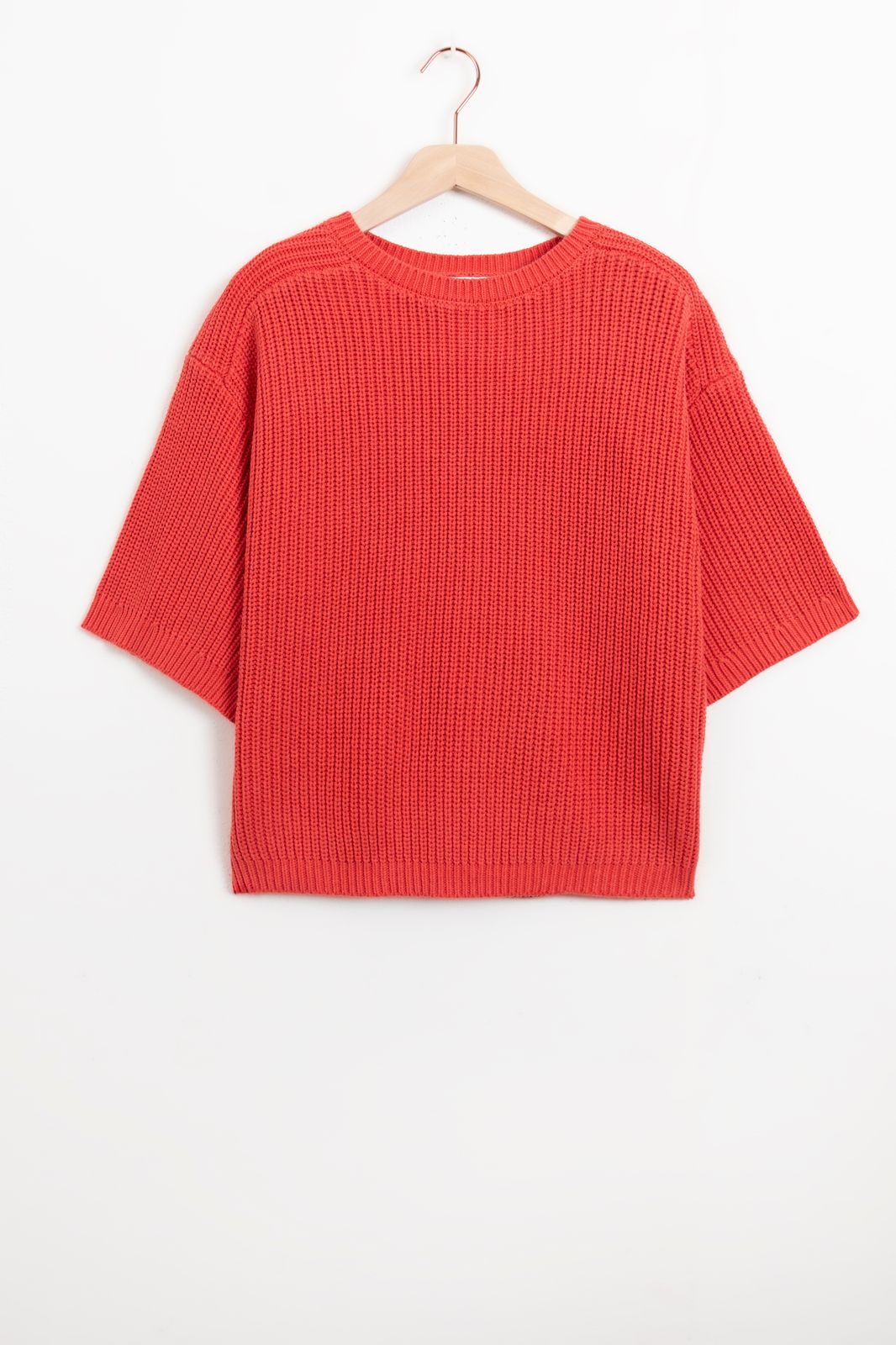 Pull tricoté côtelé à manches courtes - rouge