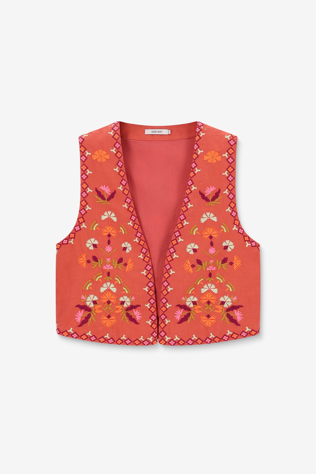 Gilet sans manches avec fleurs brodées - rouge clair