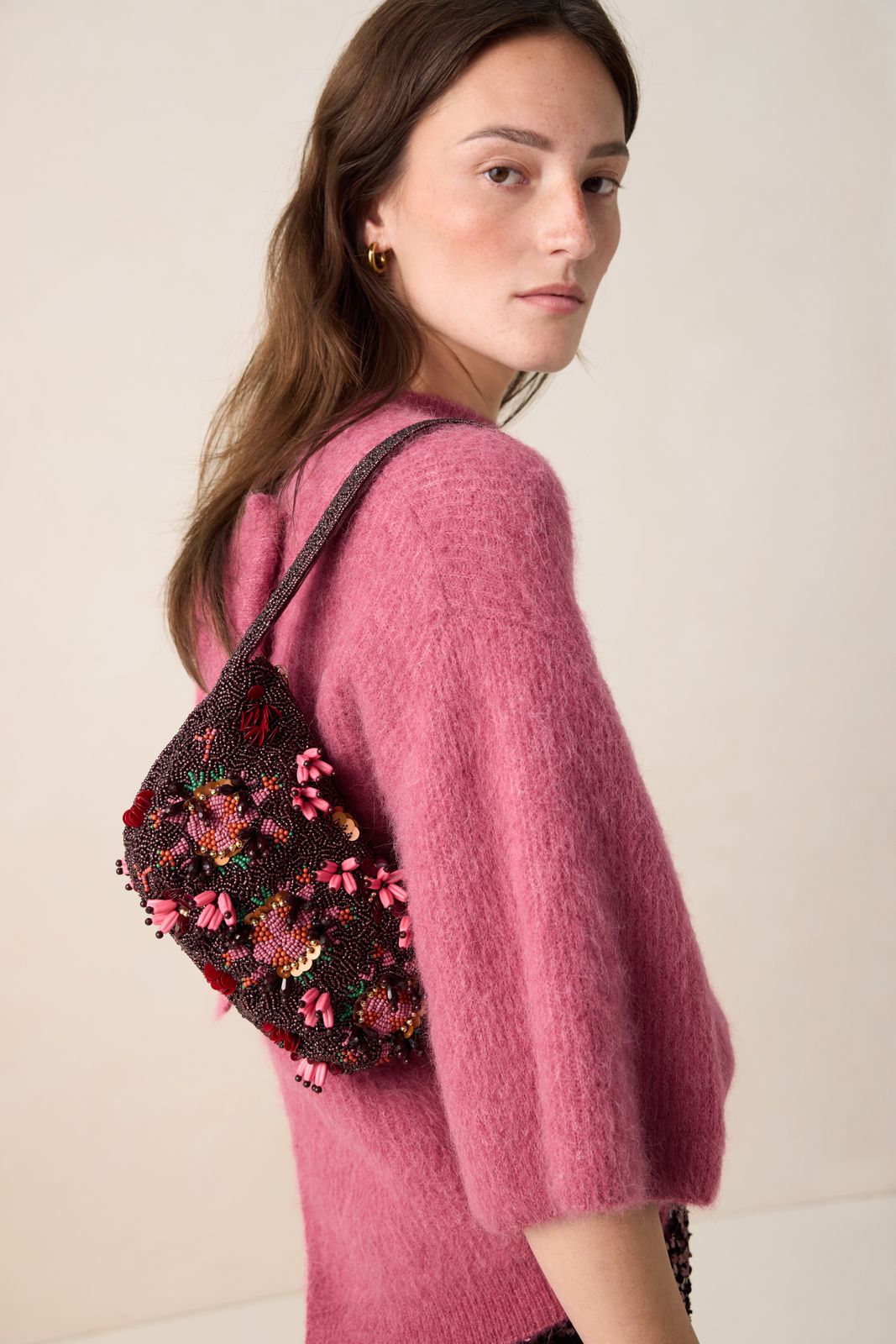 Sac porté épaule avec perles - rouge foncé