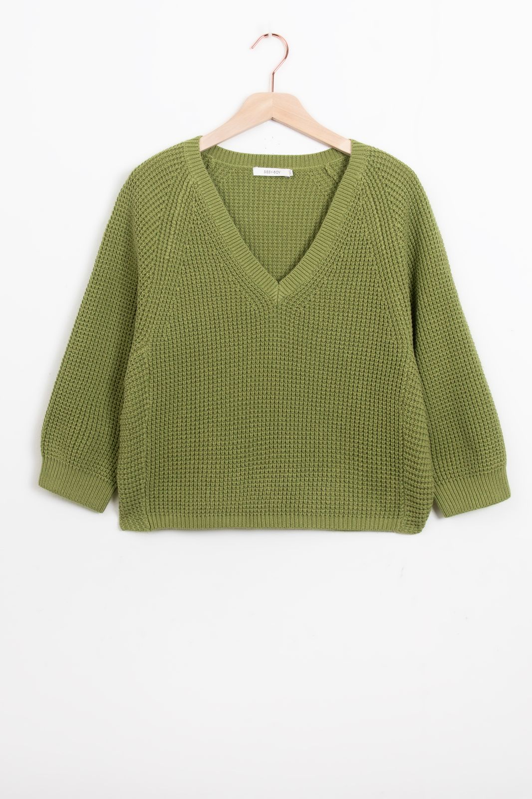 Pull tricoté côtelé avec col V - vert