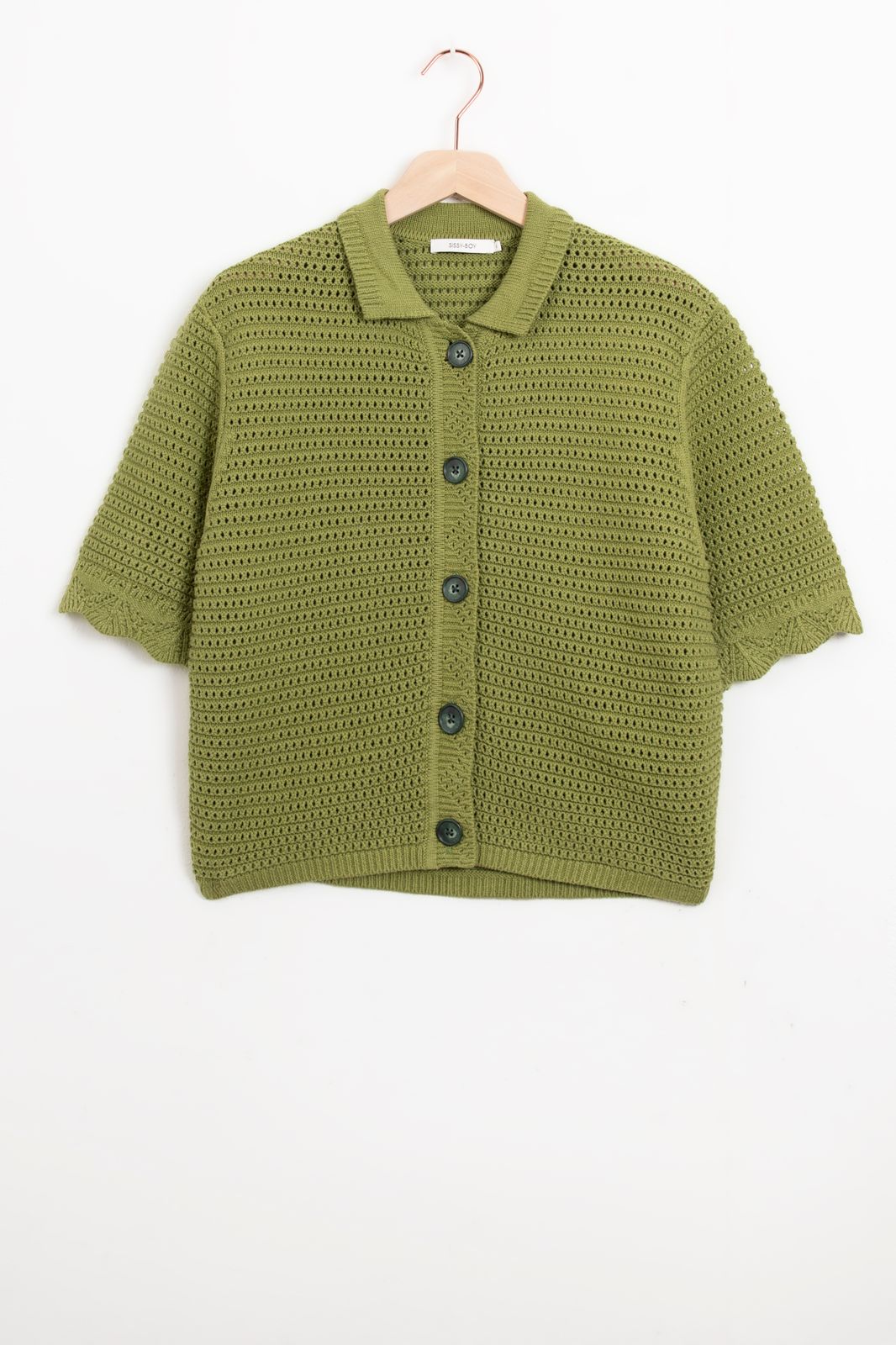 Gilet col polo tricoté à manches courtes - vert