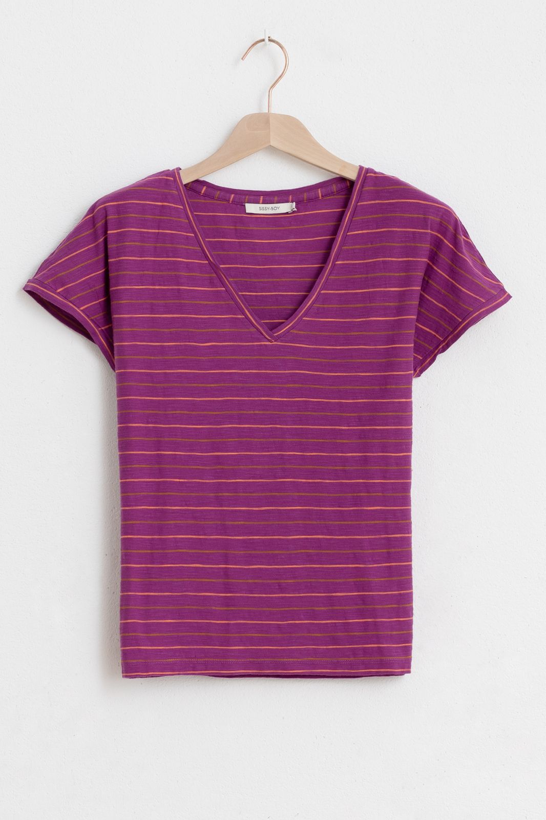T-shirt rayé avec col V - violet