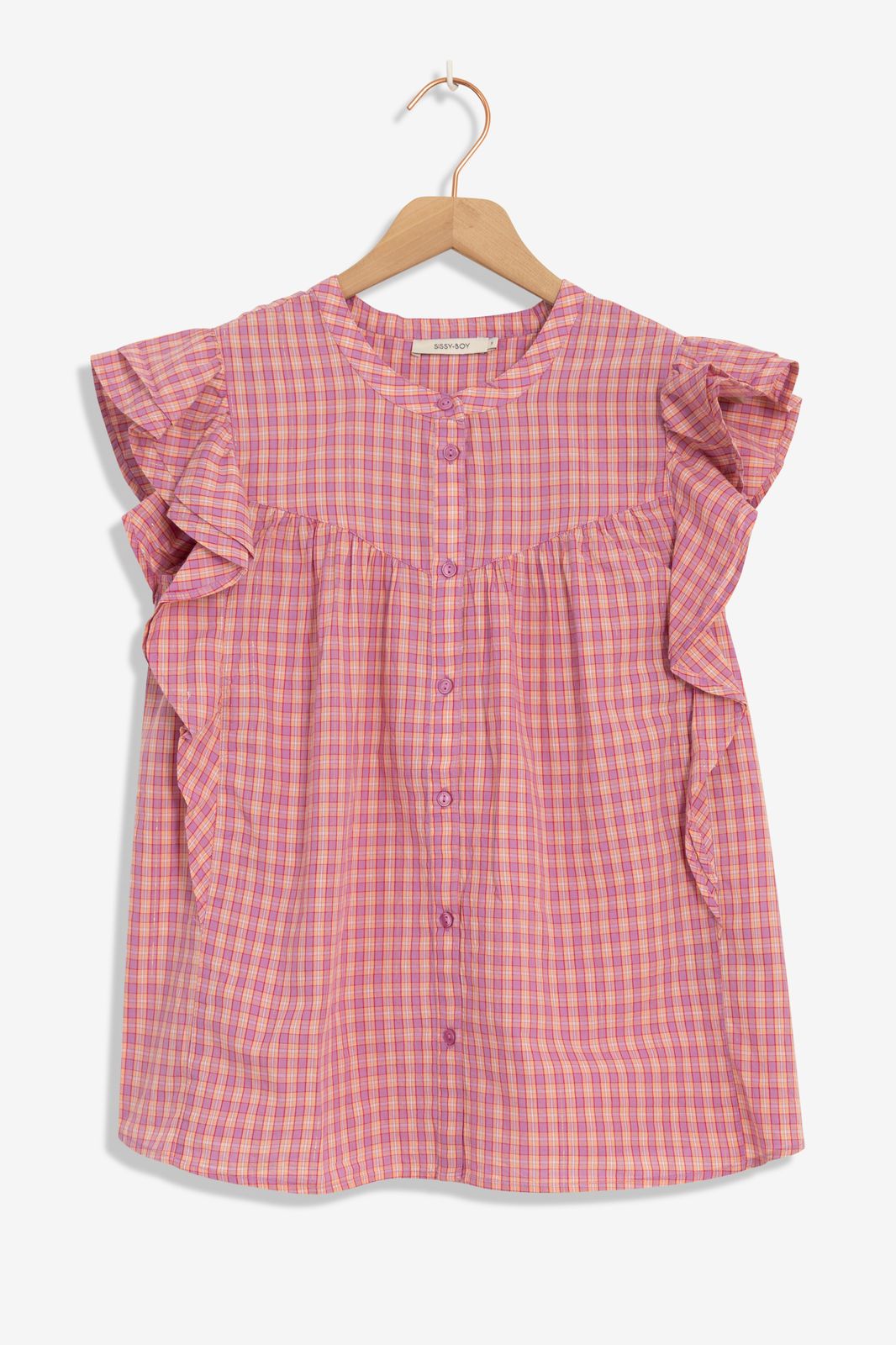 Roze geruite blouse met ruffles