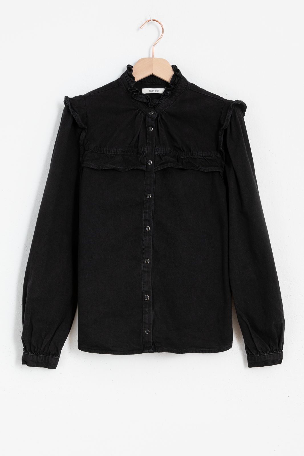 Zwarte denim blouse met ruffles - Dames | Sissy-Boy
