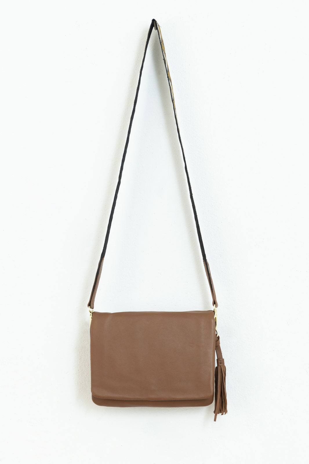 Crossbody Bag aus Leder mit Jacquard-Riemen - braun
