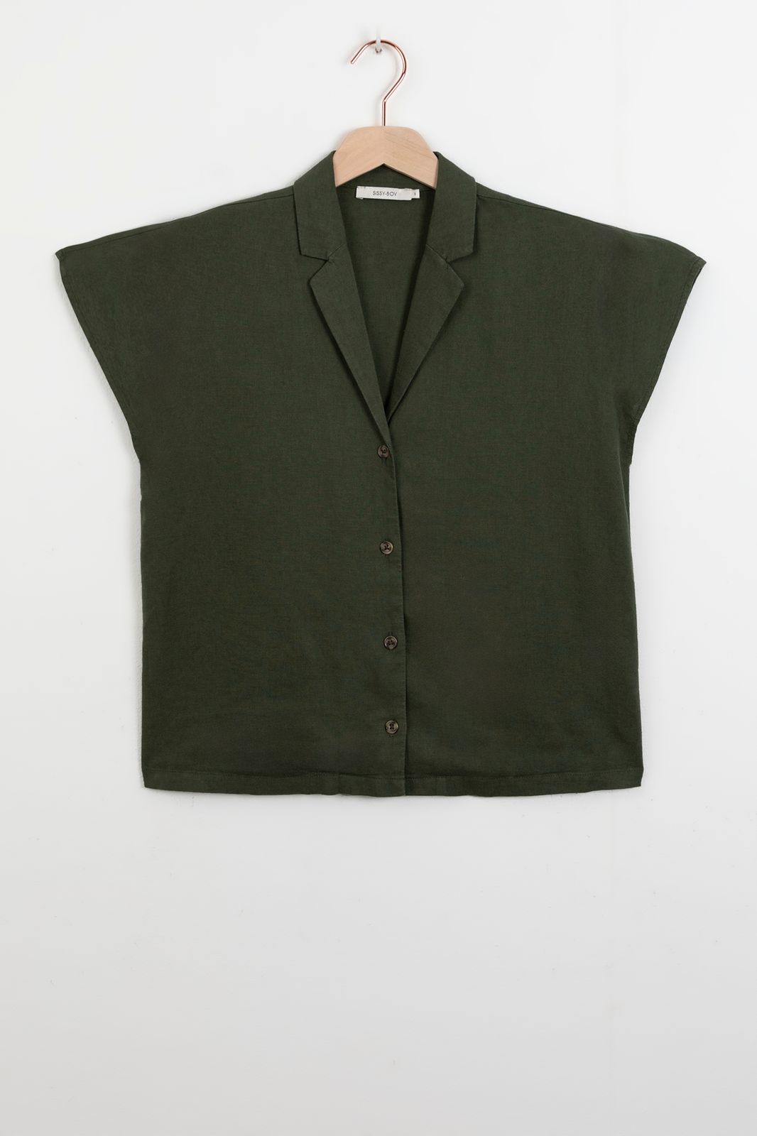 Leinenmix-Bluse mit kurzen Ärmeln - dunkelgrün