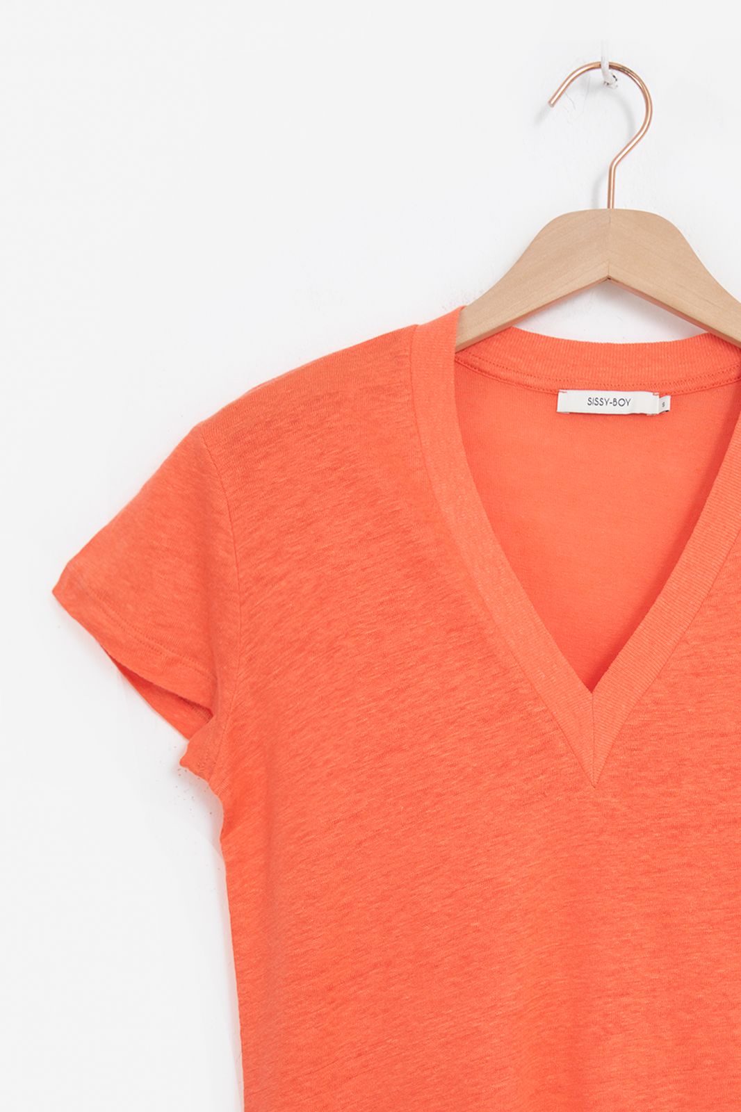 T-Shirt aus Leinen mit V-Ausschnitt - orange