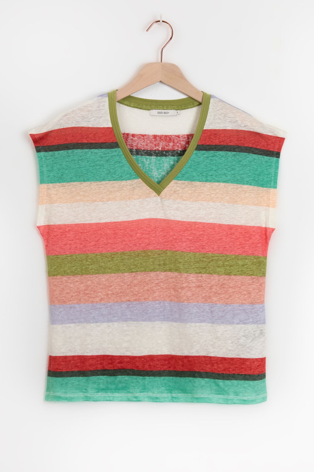 T-shirt rayé en lin avec col V - multicolore