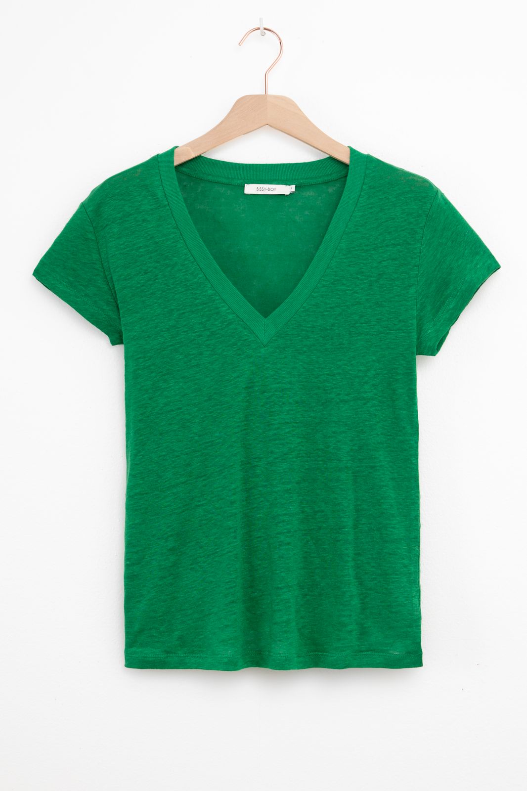 T-shirt en lin avec col V - vert