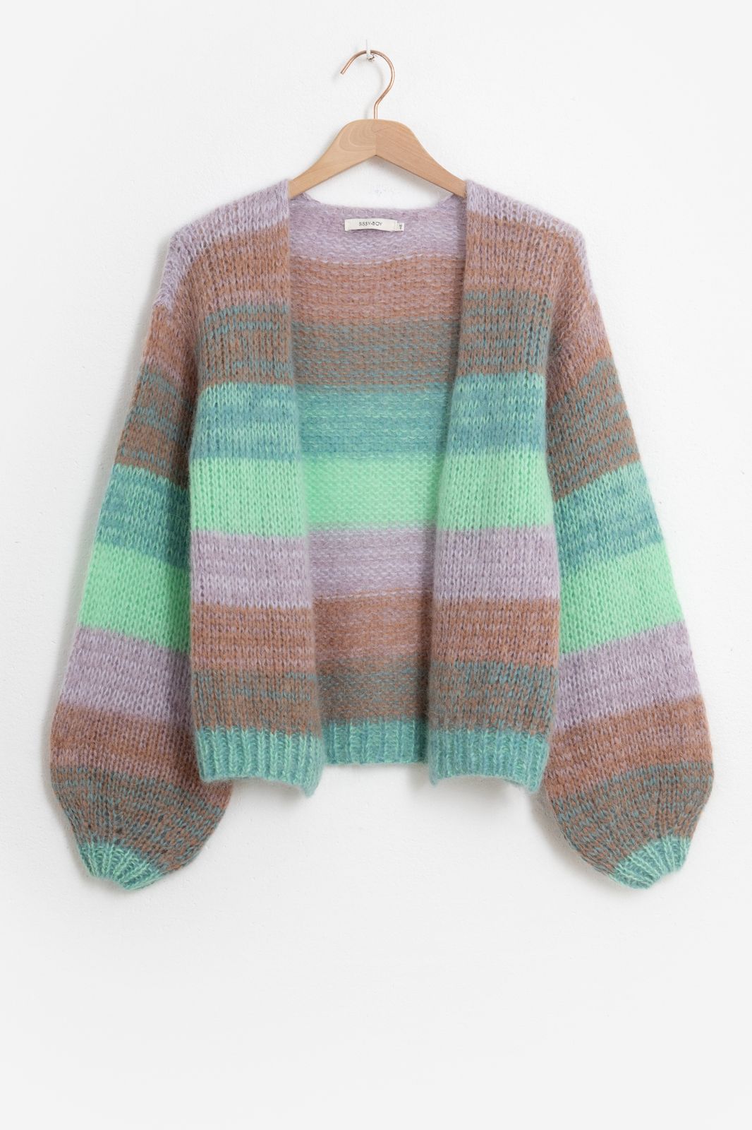 Gestreifte Strickjacke mit Puffärmeln