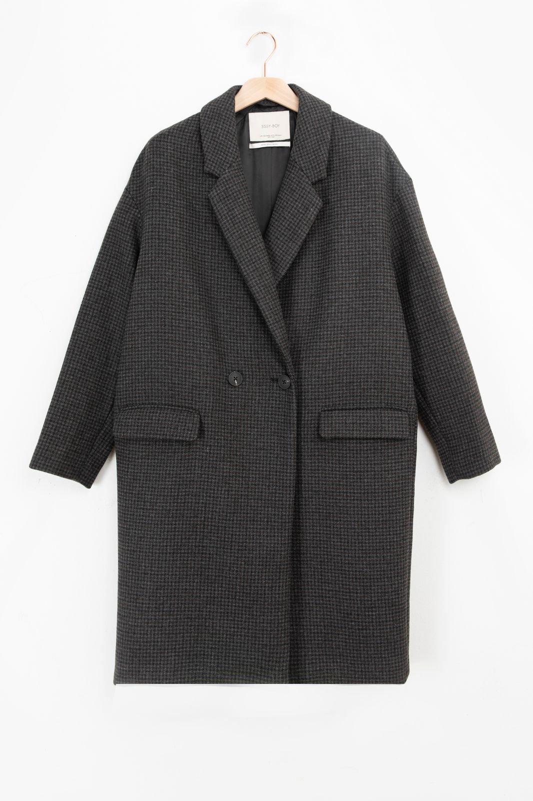 Manteau long en laine avec imprimé carreaux - gris foncé