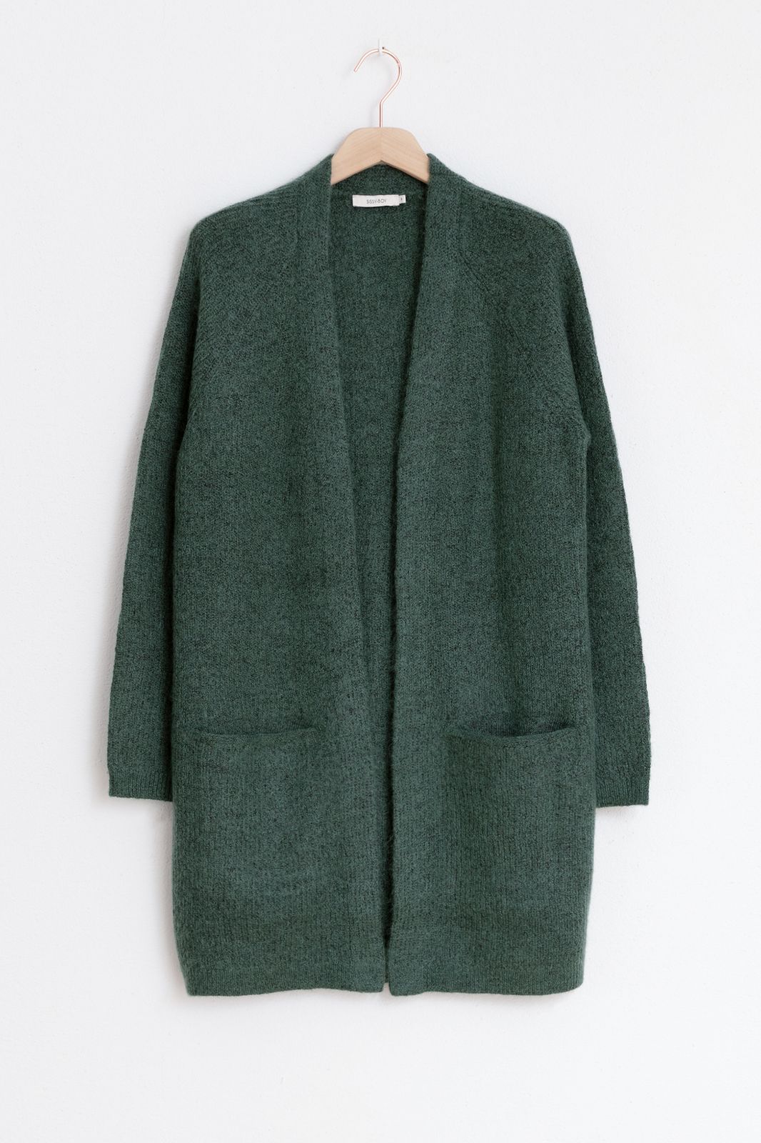 Lange grüne Strickjacke mit Taschen