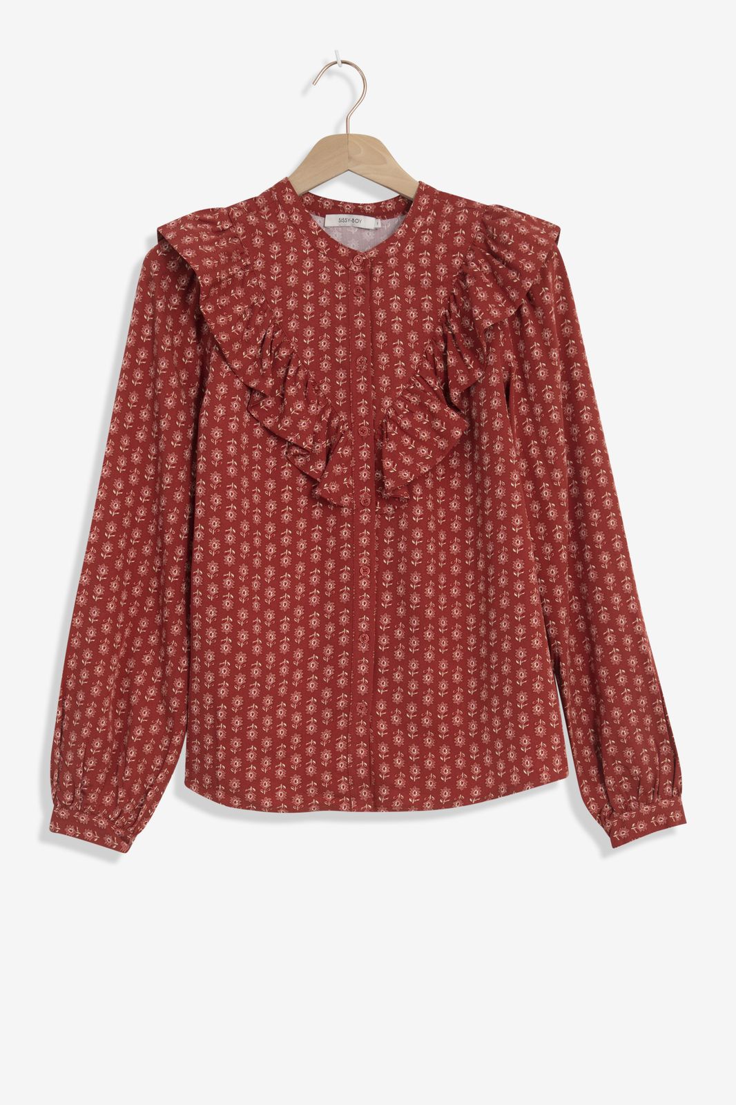 Rode blouse met print en ruffles