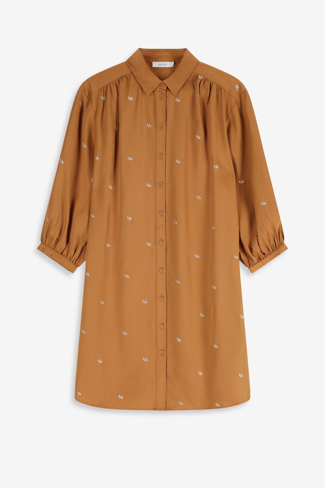 Kleid mit Puffärmeln und Stickerei - braun