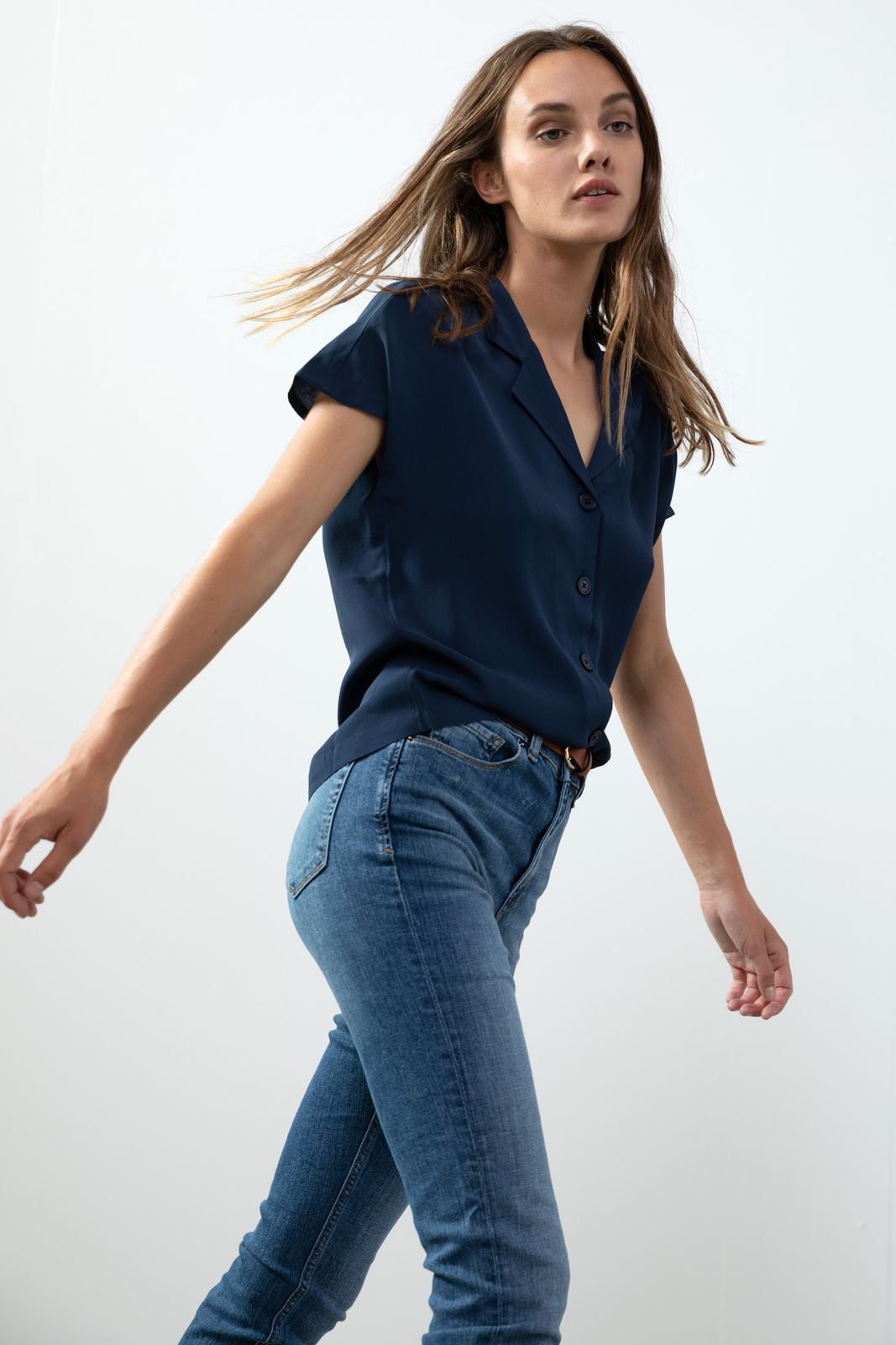 Pickering top Uitgebreid Donkerblauwe blouse met korte mouwen - Dames | Sissy-Boy