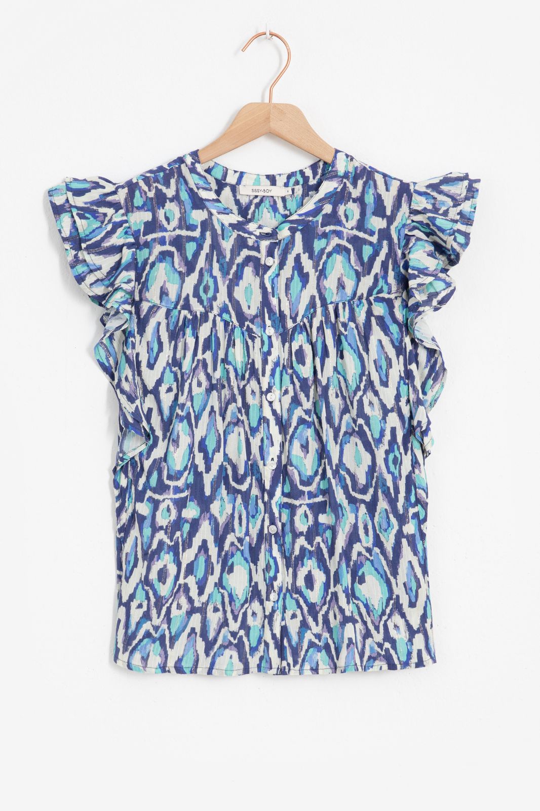 Blauwe blouse met print en ruffles