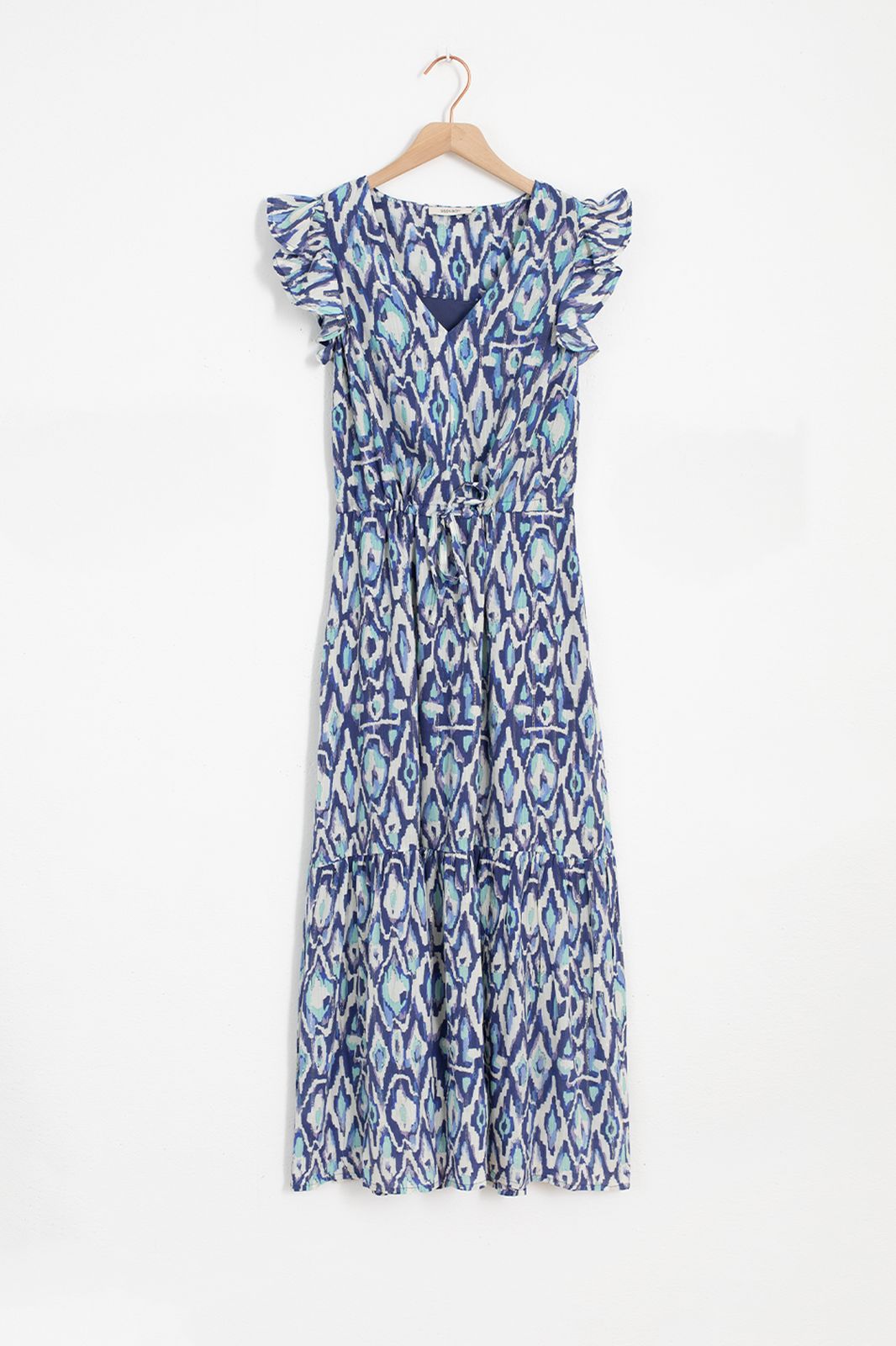 Blauwe maxi jurk met print en ruffles