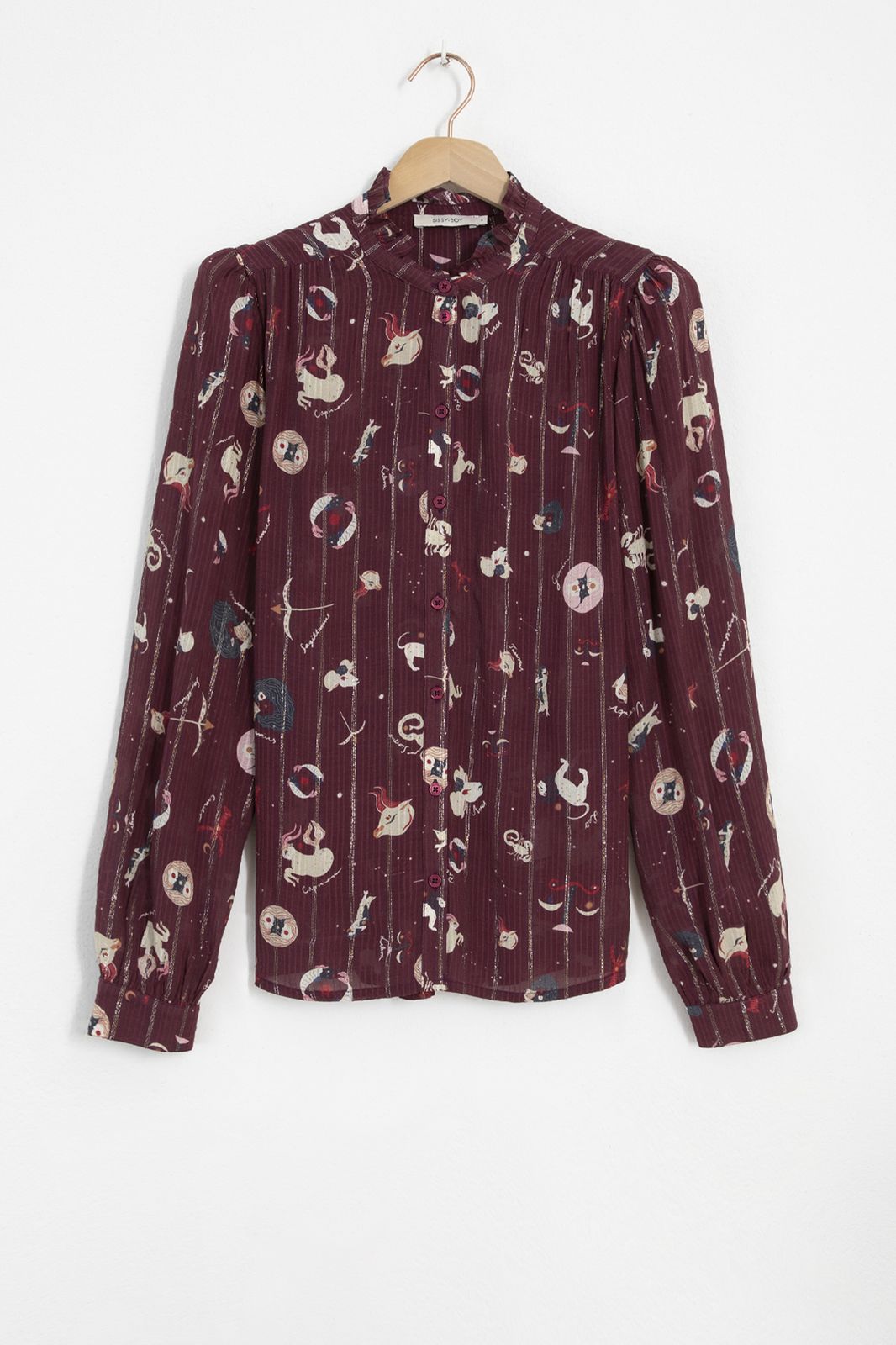 Donkerrode blouse met zodiac print en ruffle collar - Dames | Sissy-Boy