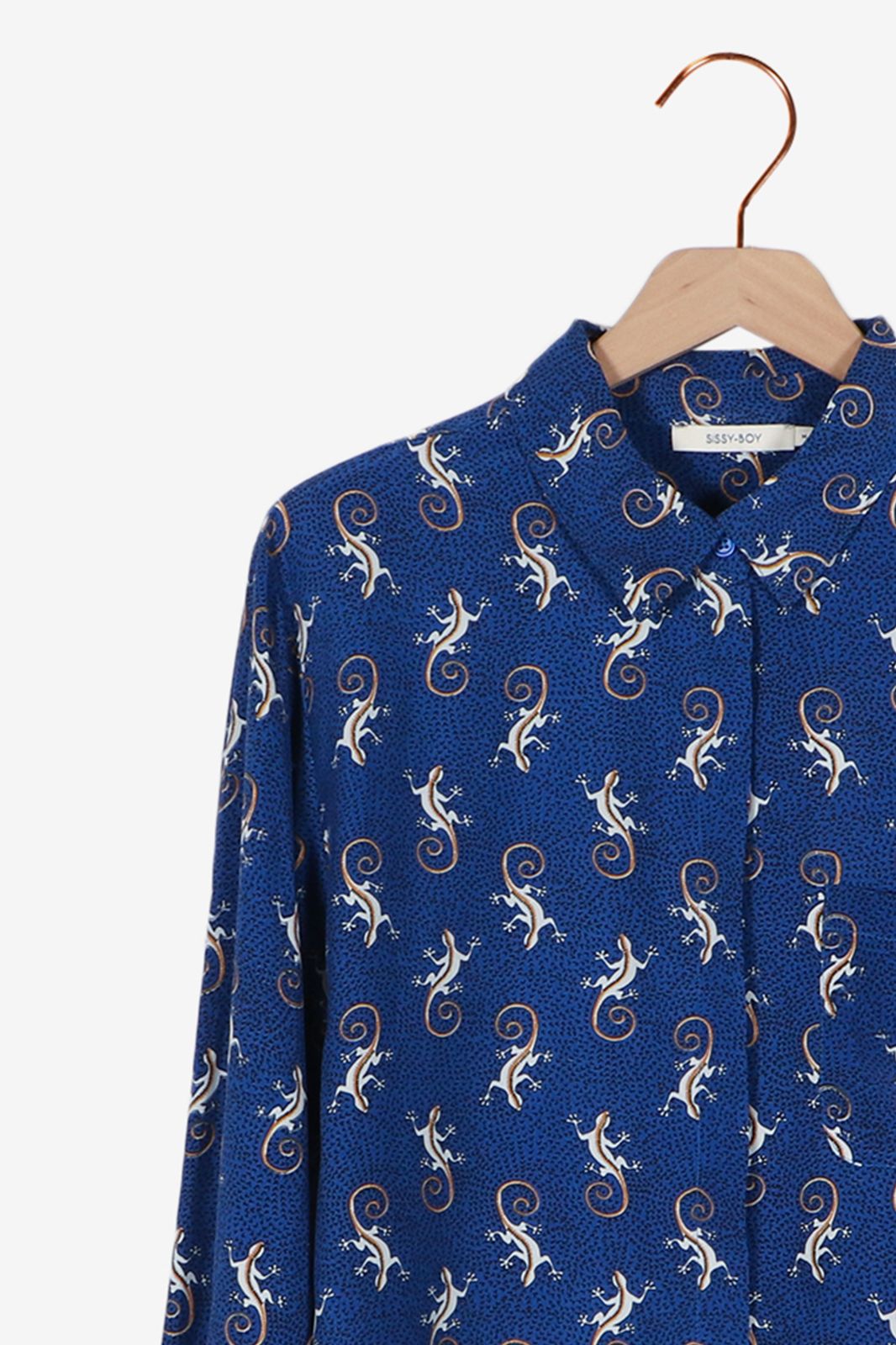 Nylon Menagerry Keelholte Kobaltblauwe blouse met gekko's - Dames | Sissy-Boy