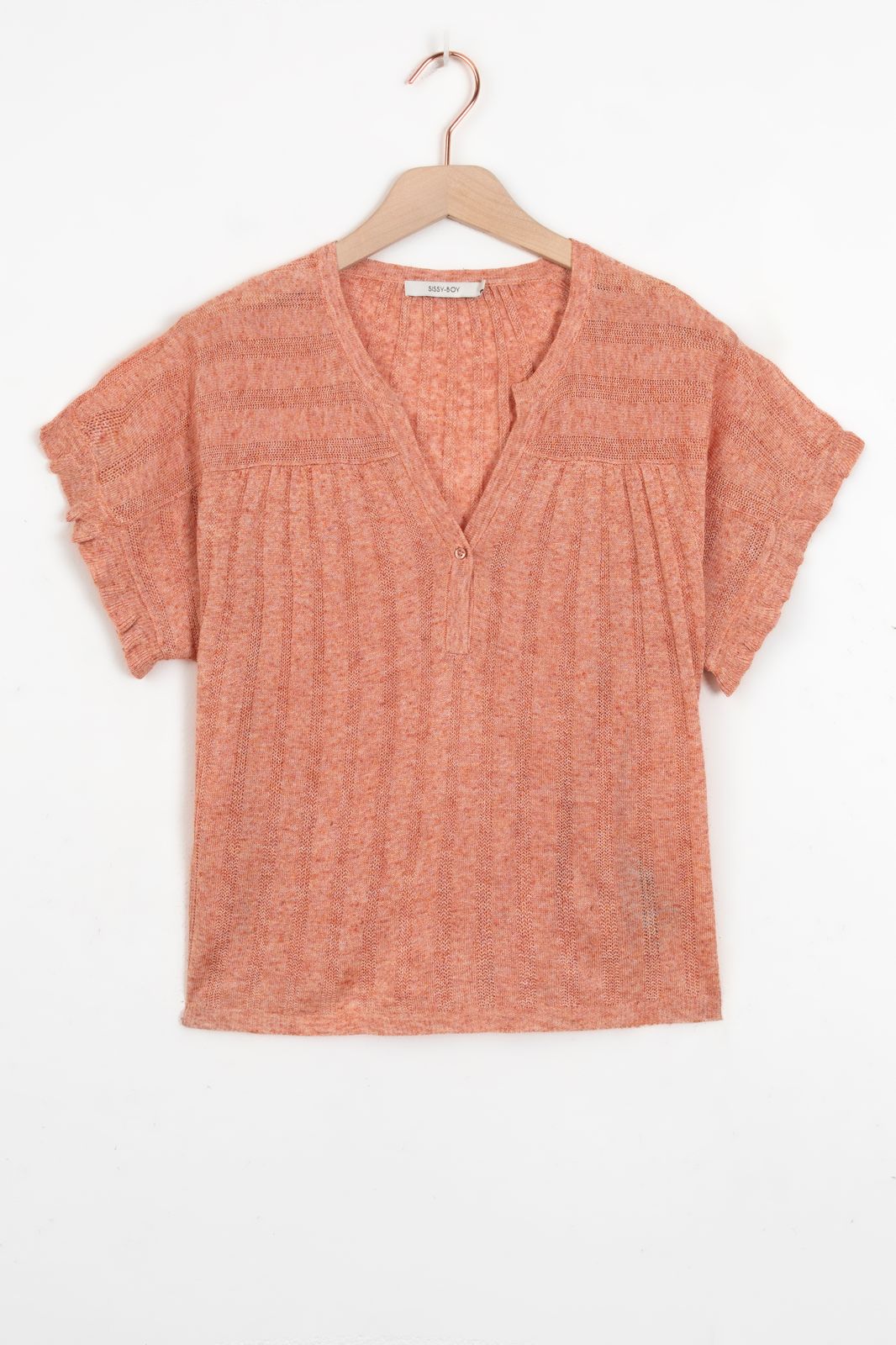 Pull tricoté ajouré à manches courtes - rose corail