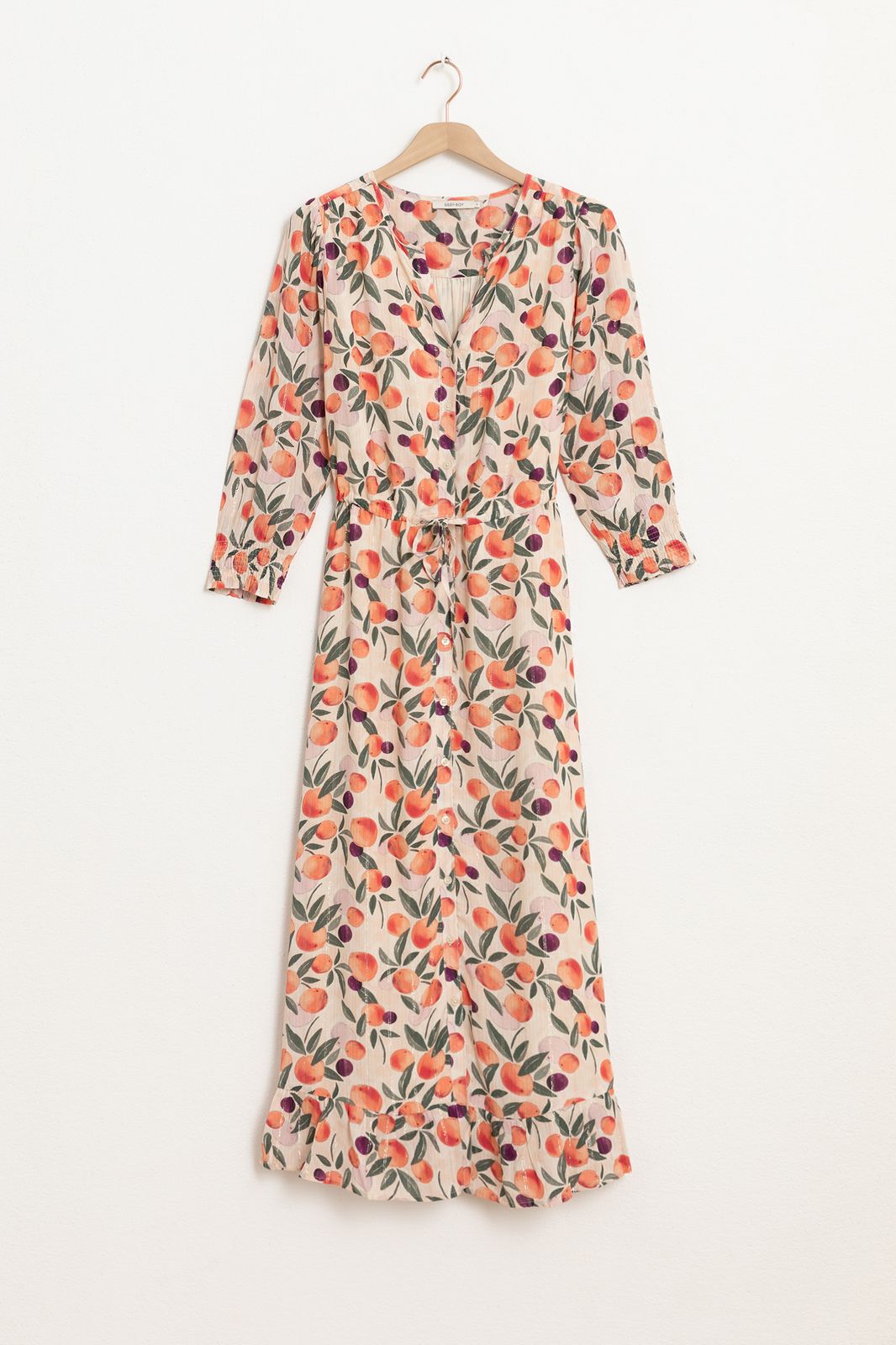 Robe portefeuille avec imprimé oranges et lurex - rose clair