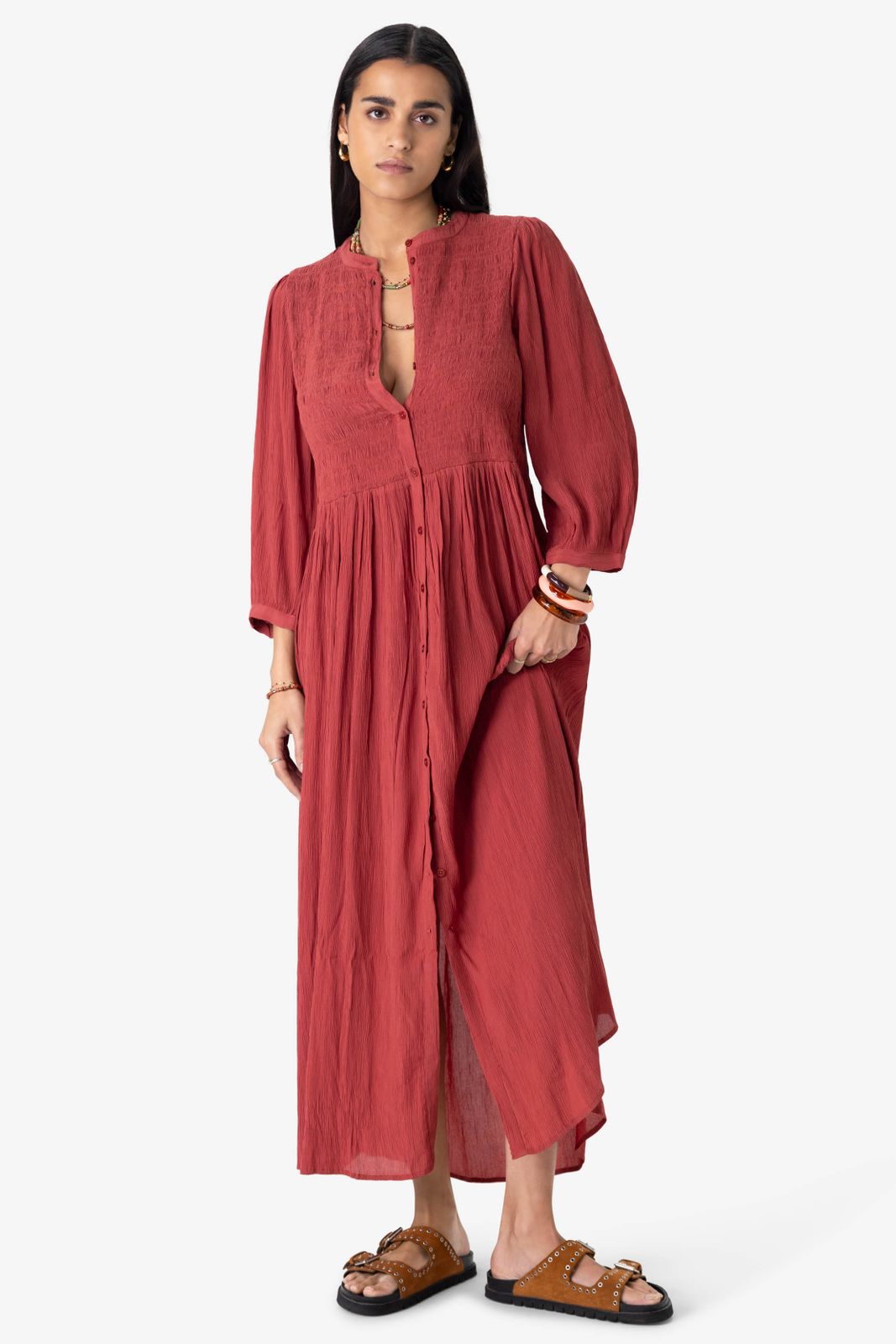 Robe longue avec fronces - rouge foncé