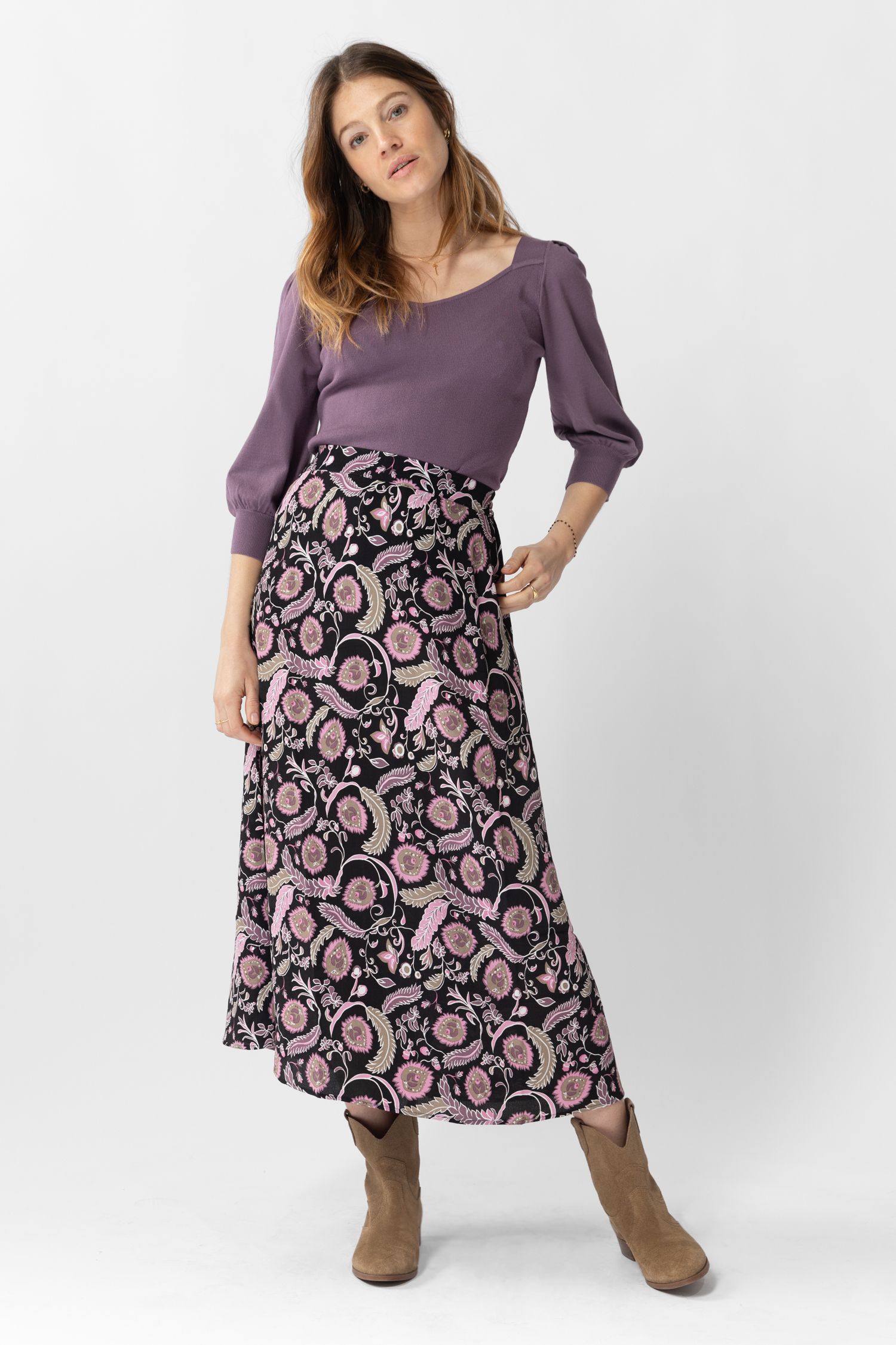 Zwarte Maxi Rok Met Paarse Bloemenprint - Dames | Sissy-Boy