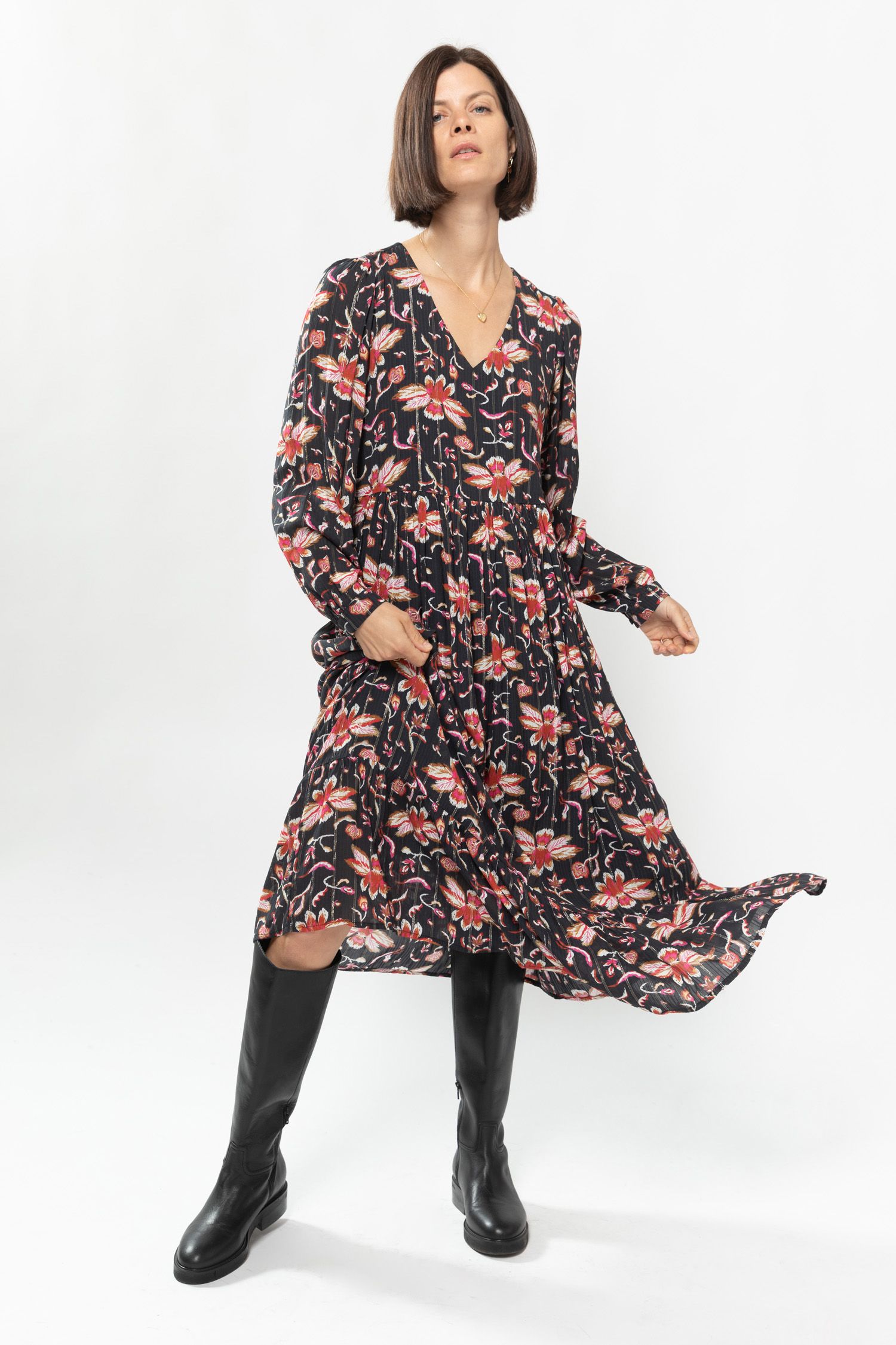 Robe longue avec imprim fleuri noir