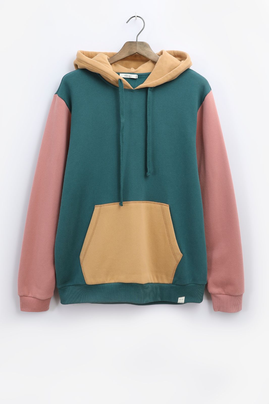 Colorblocking-Sweater mit Kapuze - dunkelgrün