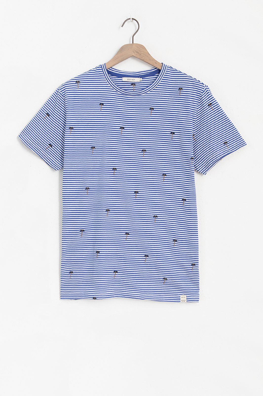 T-shirt avec rayures et imprimé palmiers - bleu