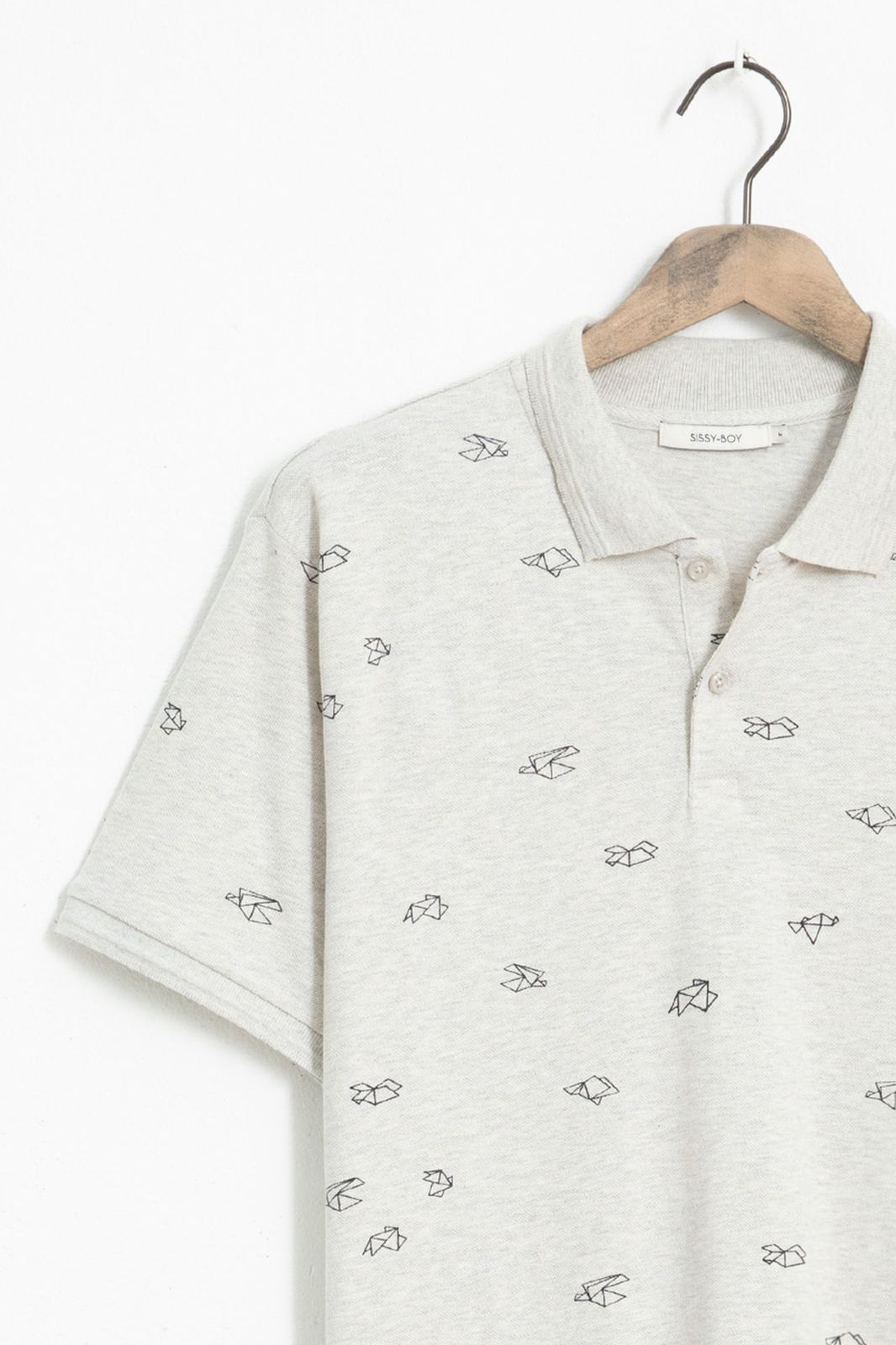 Beige pique polo met all over origami print