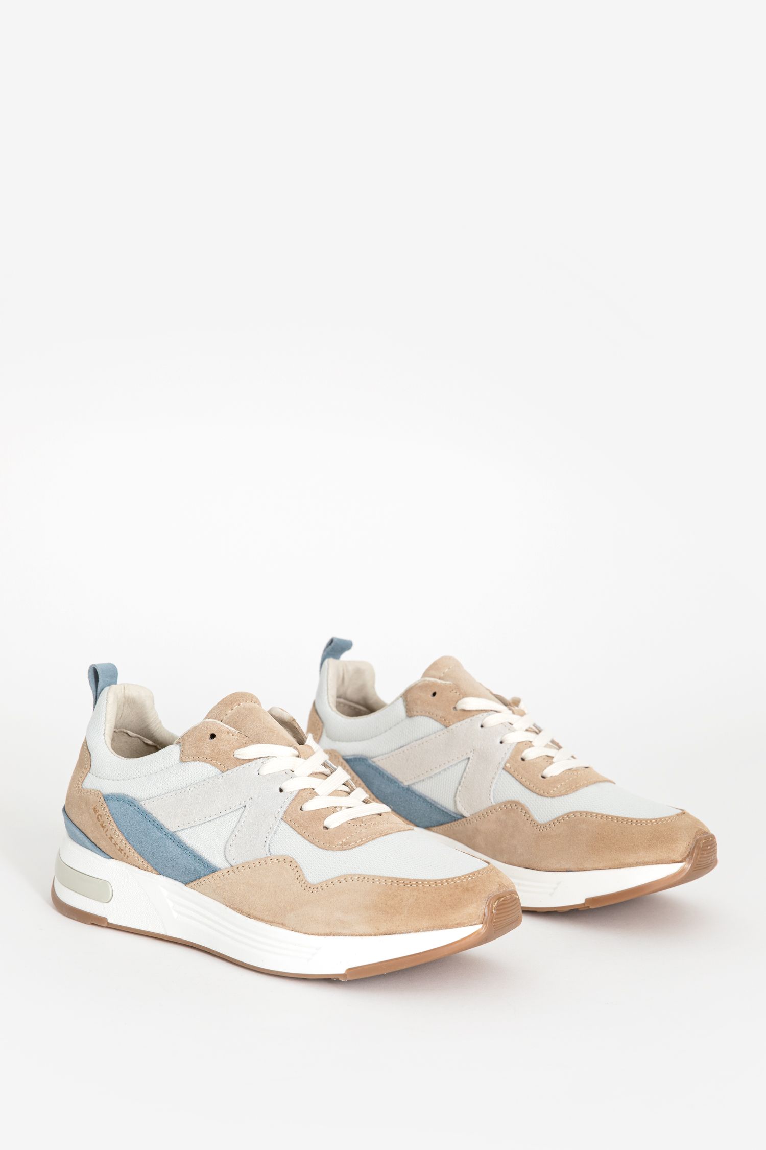 Beige leren sneakers met blauwe details