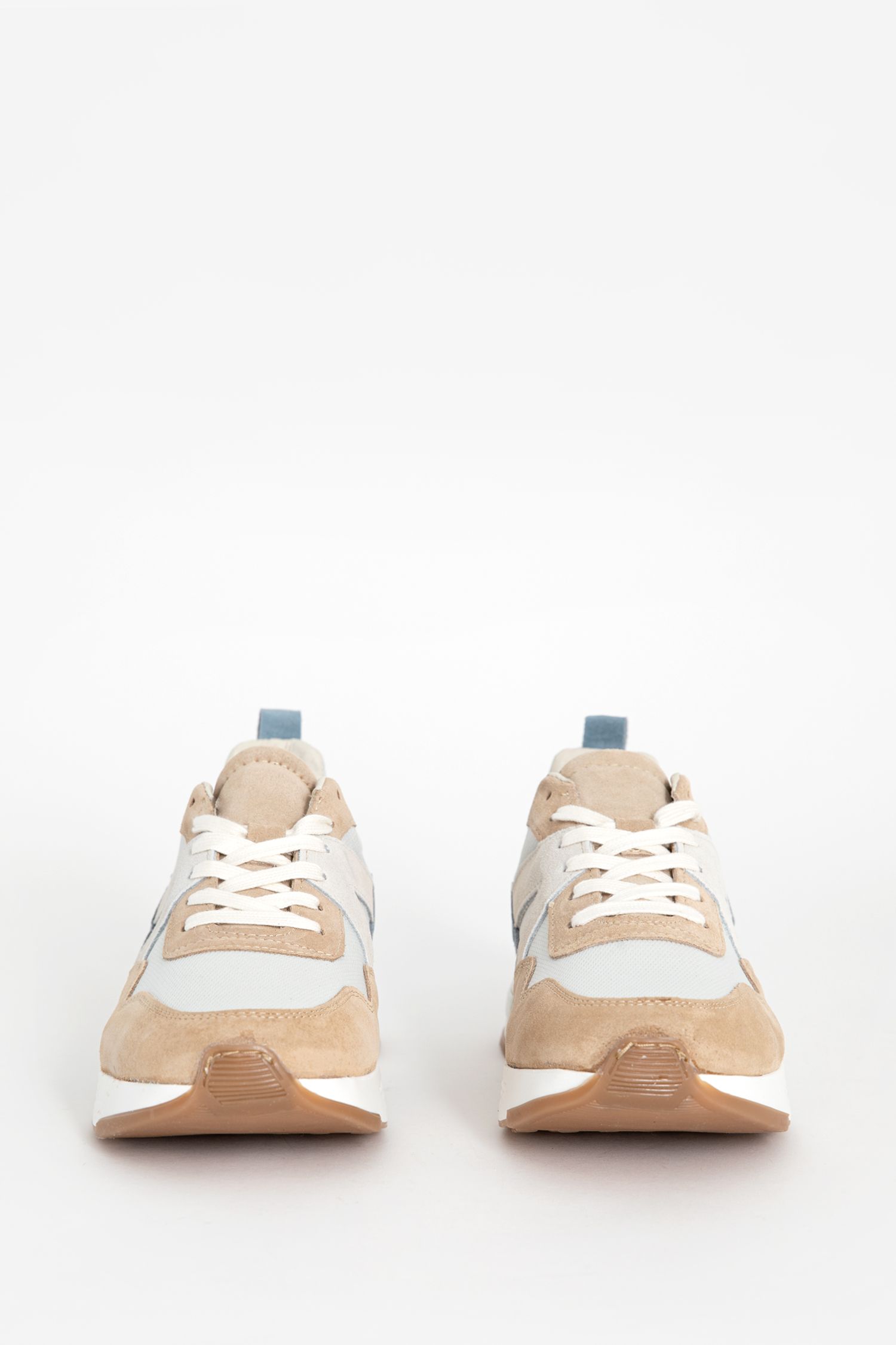 Beige leren sneakers met blauwe details