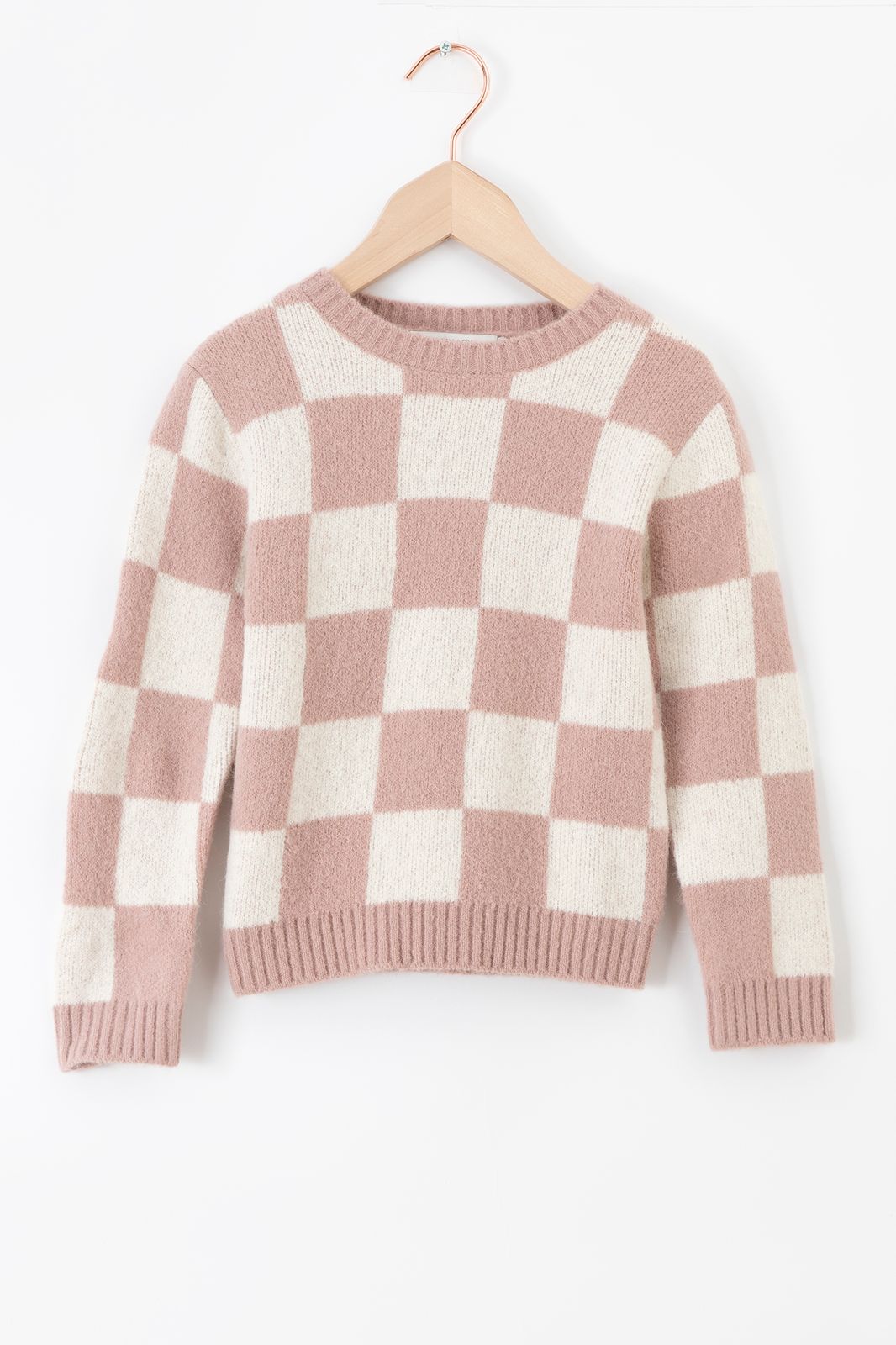 Pull tricoté jacquard avec imprimé carreaux - vieux rose