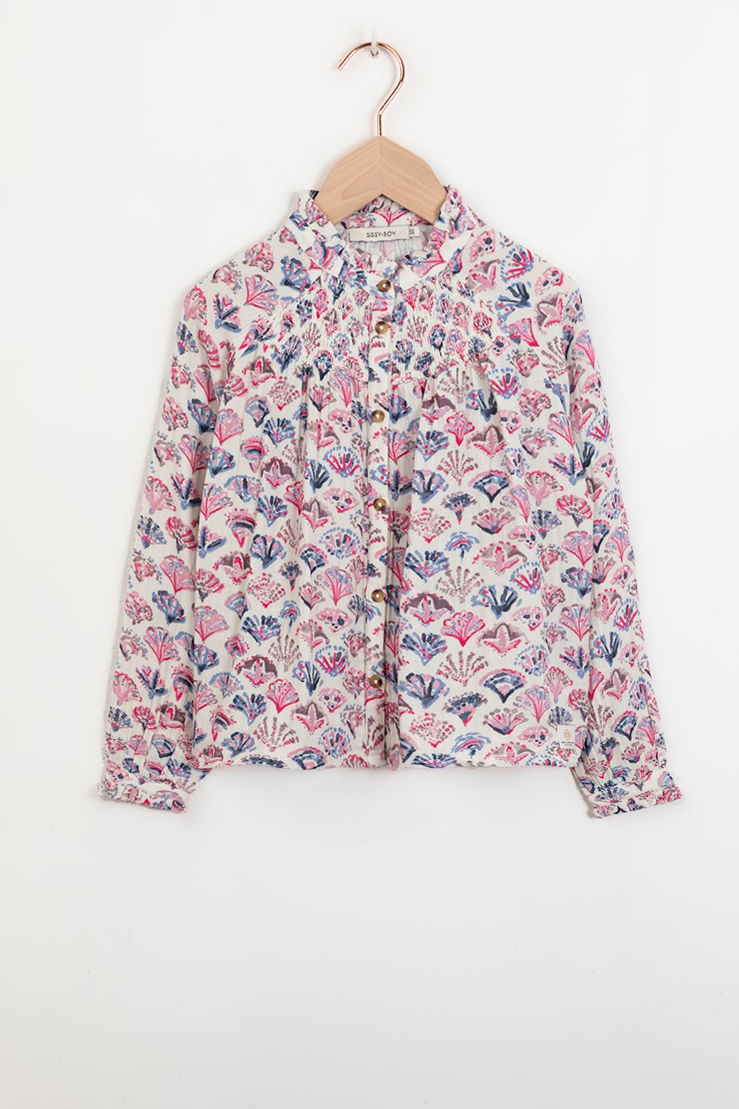 Gemusterte Bluse mit Smock-Detail - mehrfarbig