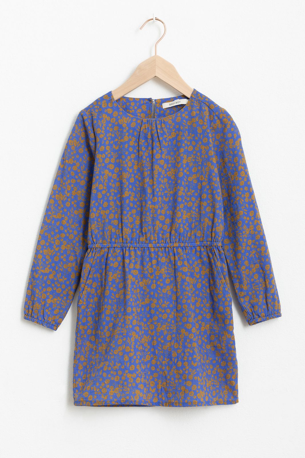 Blaues Kleid mit Print und langen Ärmeln