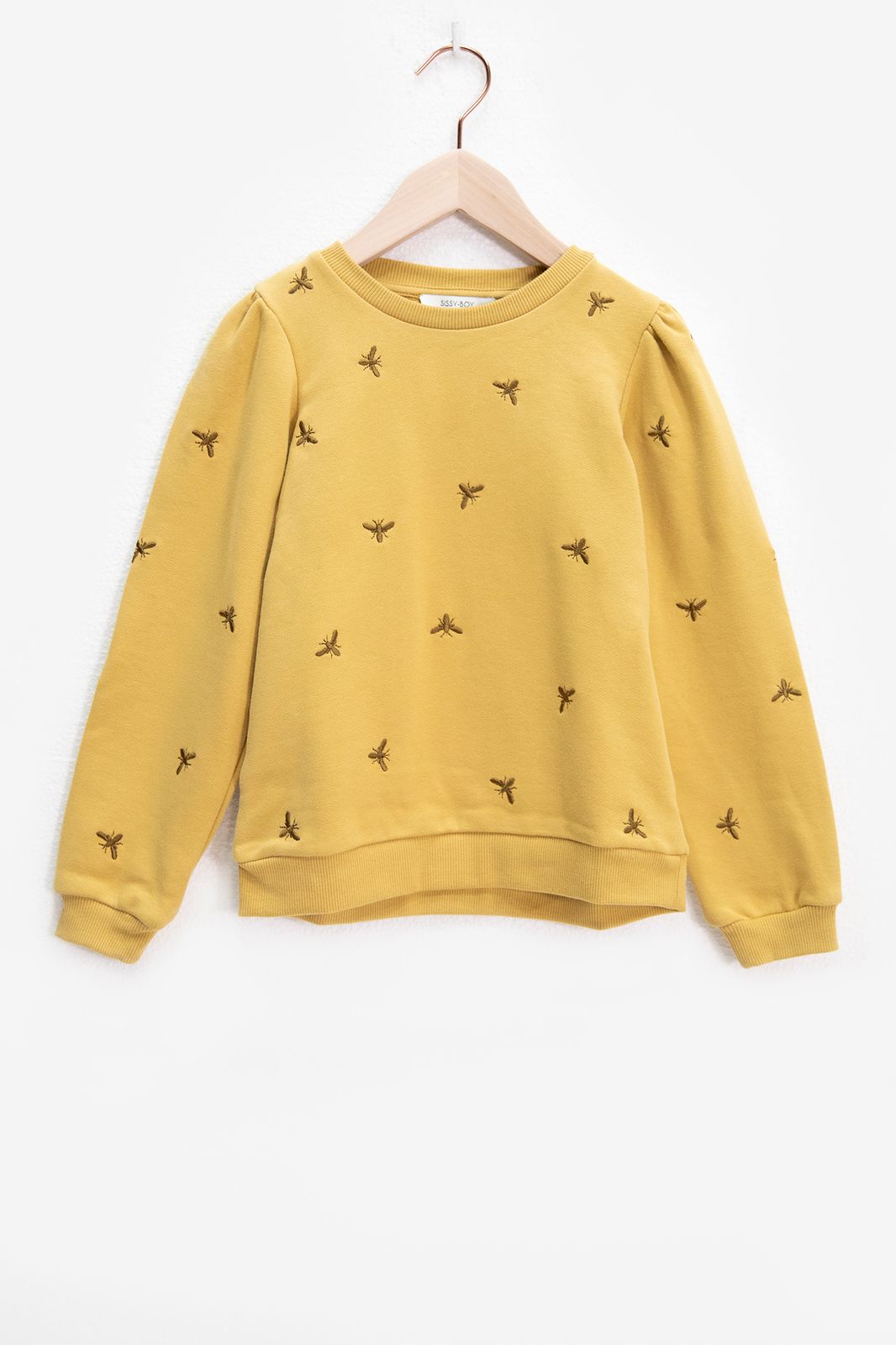 Sweater mit Puffärmeln und Fliegen-Stickerei - gelb